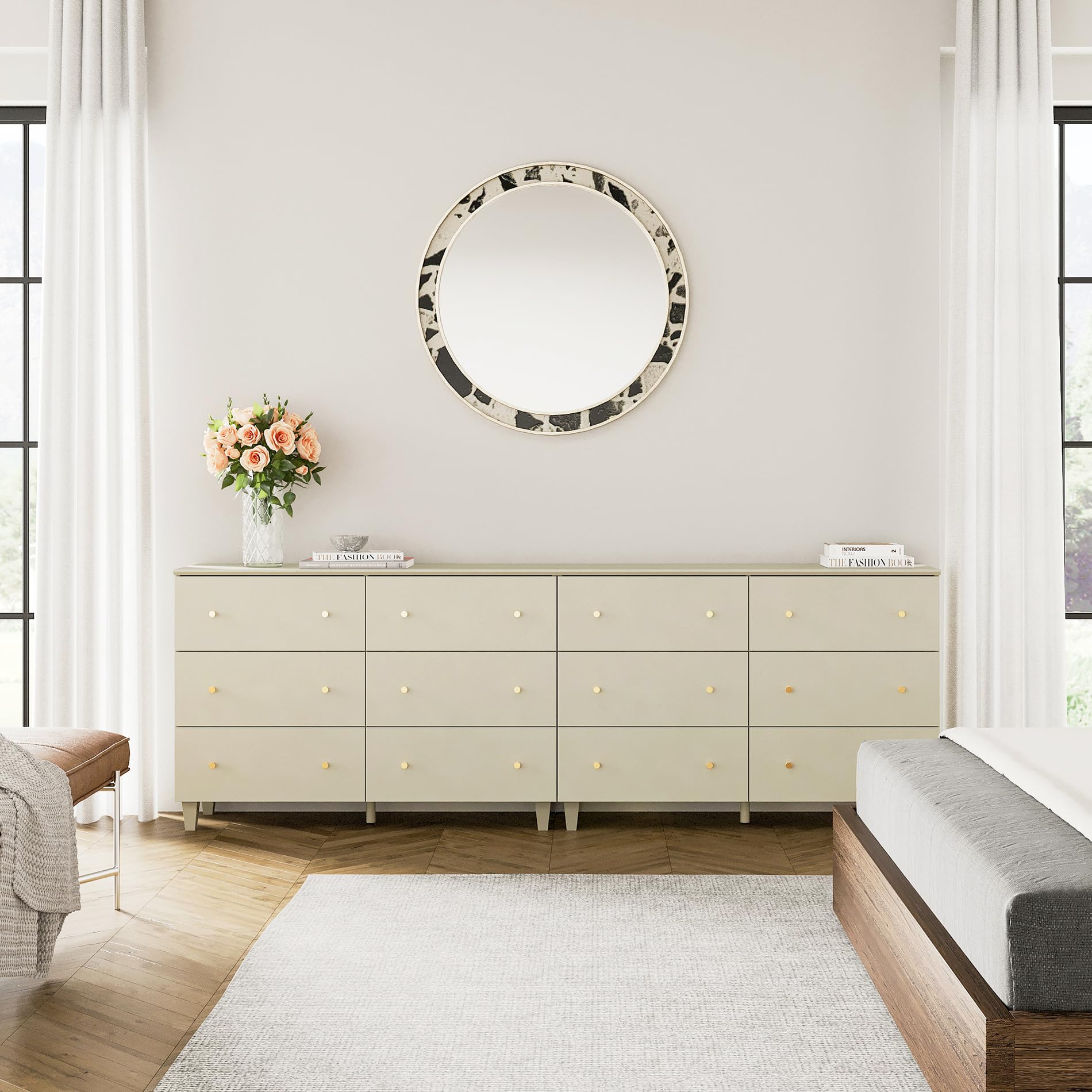 WAMPAT Set of 2 Bedroom Dressers with 12 Drawers, 2-in-1 Extra Wide Chest of Drawers, Modern Storage Organizer with Solid Wood Legs for Closet, Living Room, Hallway, Nursery, Beige Faux Linen Finish