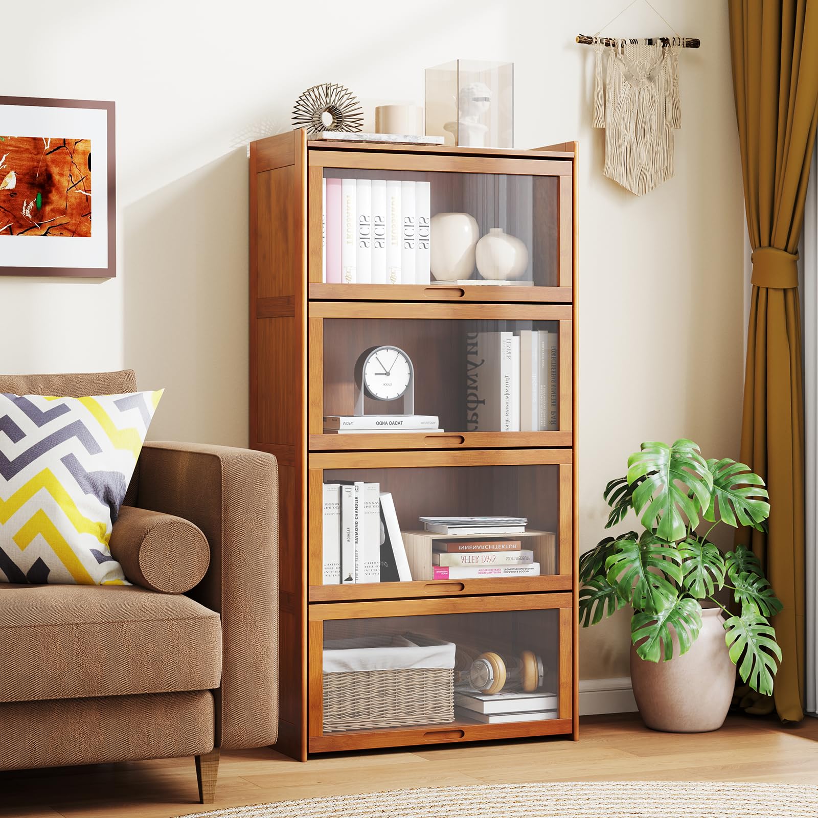 Giantex 4-Tier Bookcase with Clear Doors, 55" Bamboo Bookshelf with Flip-up Acrylic Doors, Freestanding Cube Storage Organizer with Shelves, Solid Wooden Display Cabinet for Living Room, Study, Brown