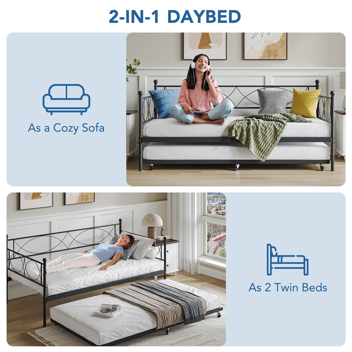 IDEALHOUSE Metal Twin daybed with Trundle with Steel Slat Support