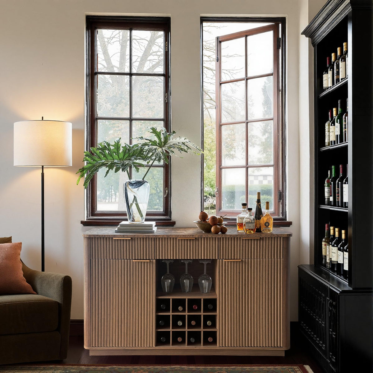 WIN2WIN 59" Fluted Sideboard, Wine Bar Cabinet with Faux Marble Top, Walnut