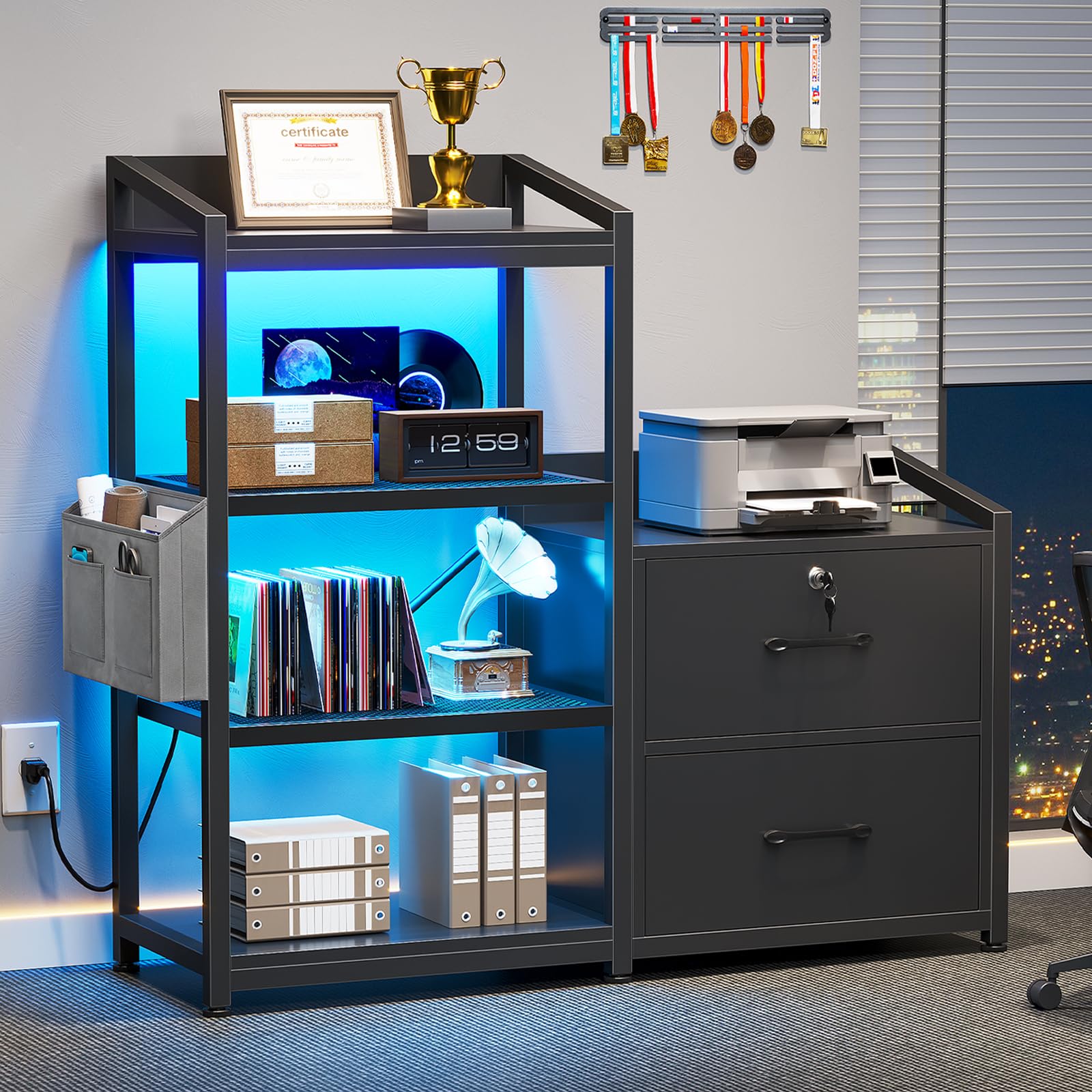 2-Drawer File Cabinet with Power Strip & LED Lights