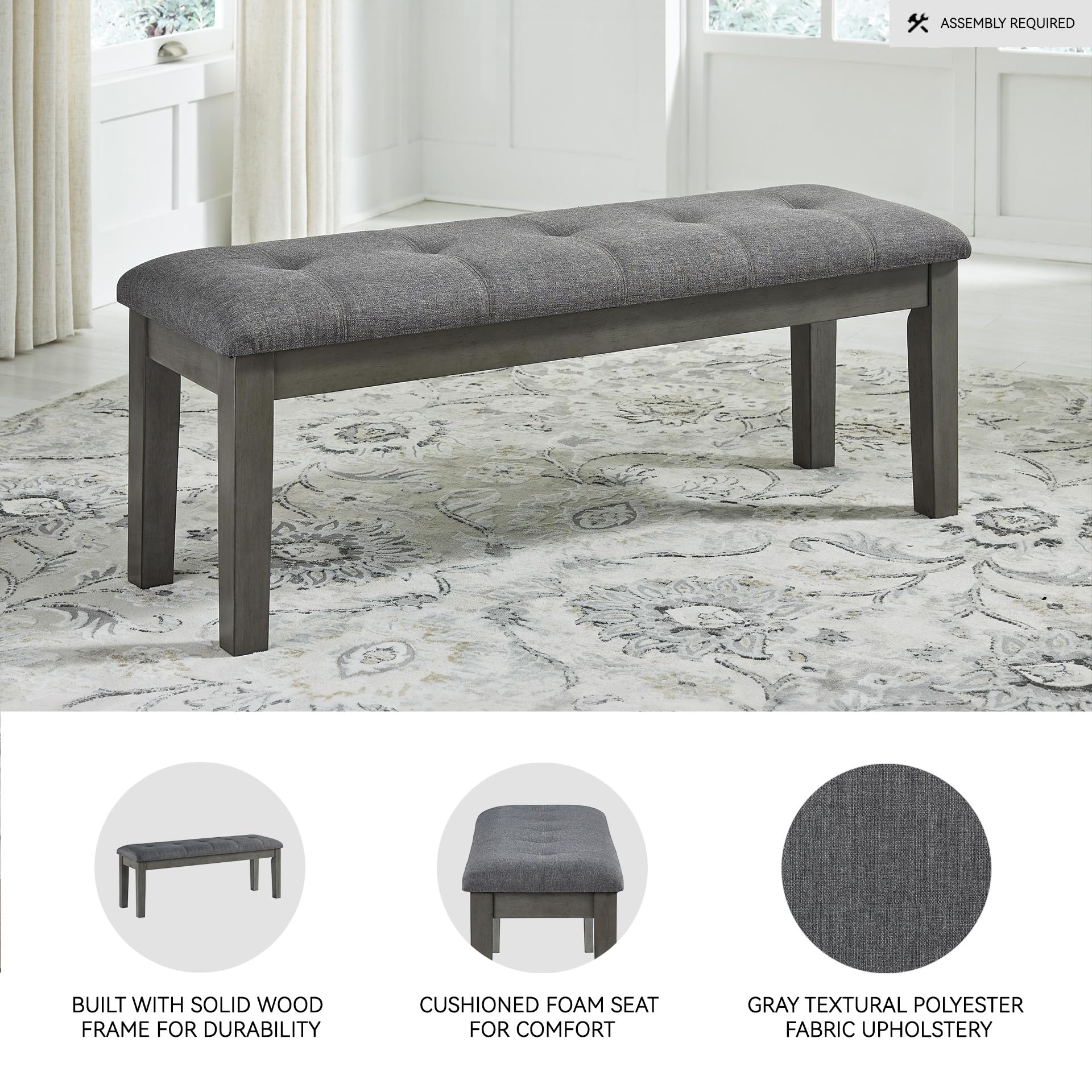 Signature Design by Ashley Hallanden Rustic Tufted Upholstered Dining Room Bench, Gray