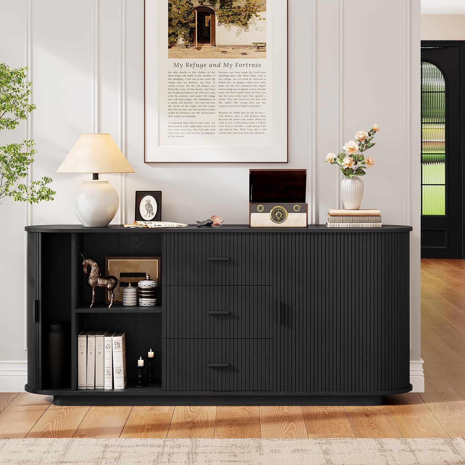 ONBRILL 63" Fluted Sideboard Buffet Cabinet with 3 Drawers & 2 Doors, Mid-Century Modern Buffet Sideboard Cabinet with Storage, Coffee Bar Table with Adjustable Shelf for Kitchen, Living Room, Black