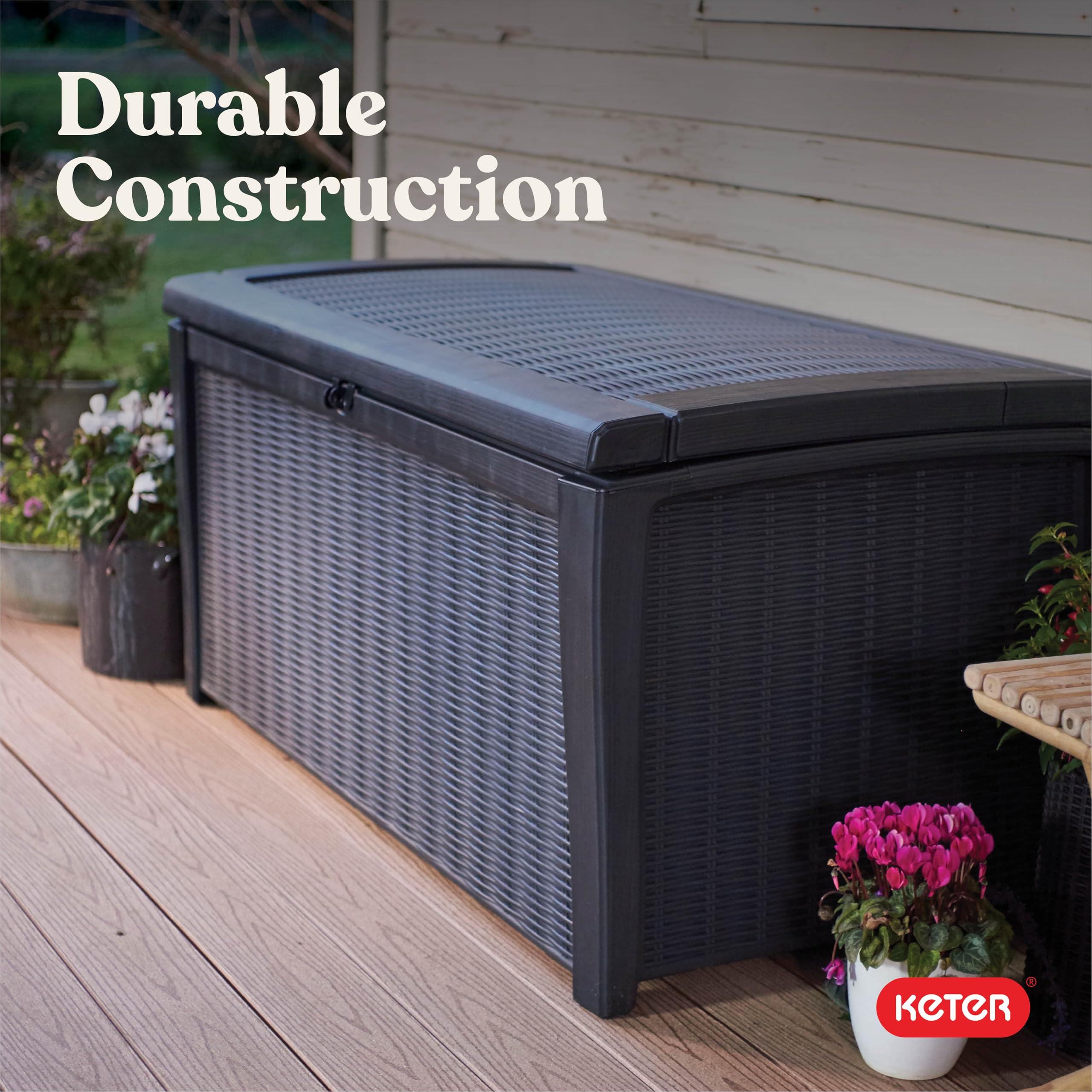 Keter Outdoor Storage Deck Box for Patio, Backyard & Garden, Borneo, 110 Gal, Grey - Lockable, Organizing, and Waterproof Plastic Container Bench