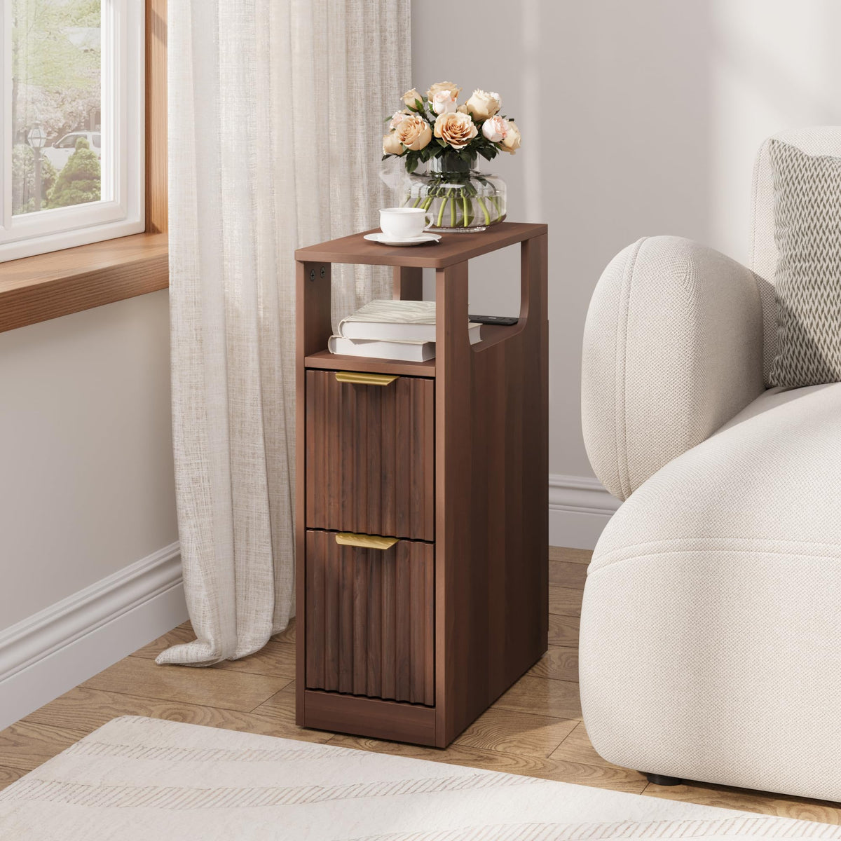 JUSTOGO Narrow Nightstand Set of 2, Fluted End Table with Charging Station