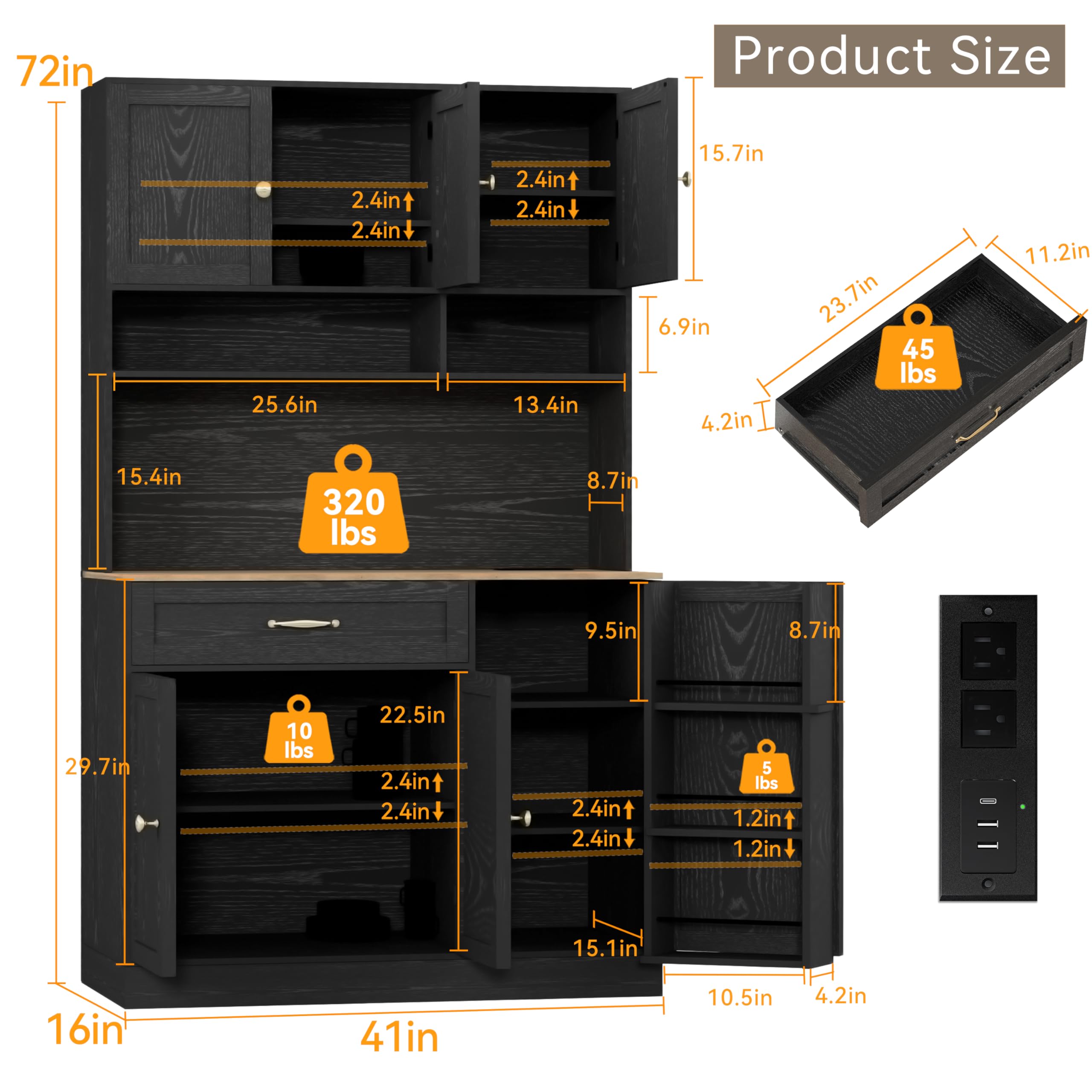 FJTJBSI 72" Kitchen Pantry Cabinet with LED Light and Charging Station Tall Pantry Storage Cabinet with Adjustable Shelves and Door Shelves Modern Kitchen Hutch with Countertop Black