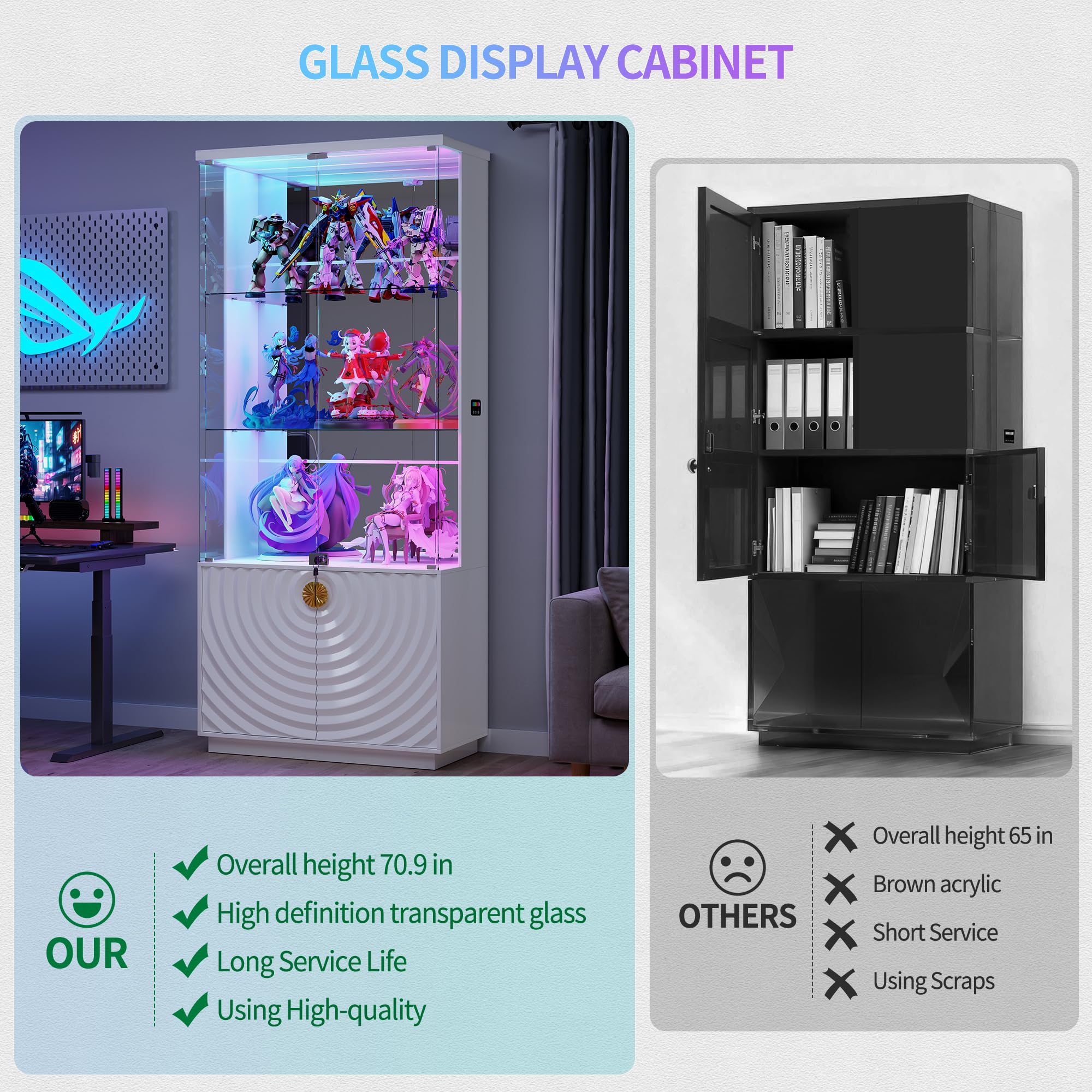 4-Tier Glass Display Cabinet with RGB LED Lights, Motion Sensor & Lockable Pop-Up Door – 70.9"