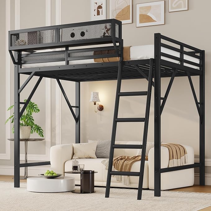 Queen Metal Loft Bed with Storage