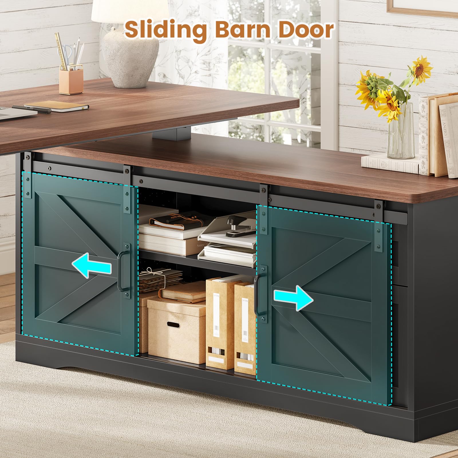 L-Shaped Height Adjustable Standing Desk with Storage & Power Outlets