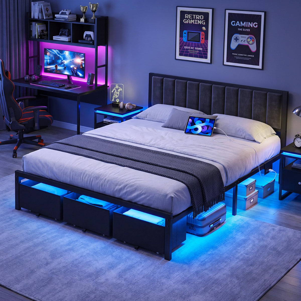 OLEVS King Bed Frame with 3 Drawers, Charging Station & RGB LED Lights