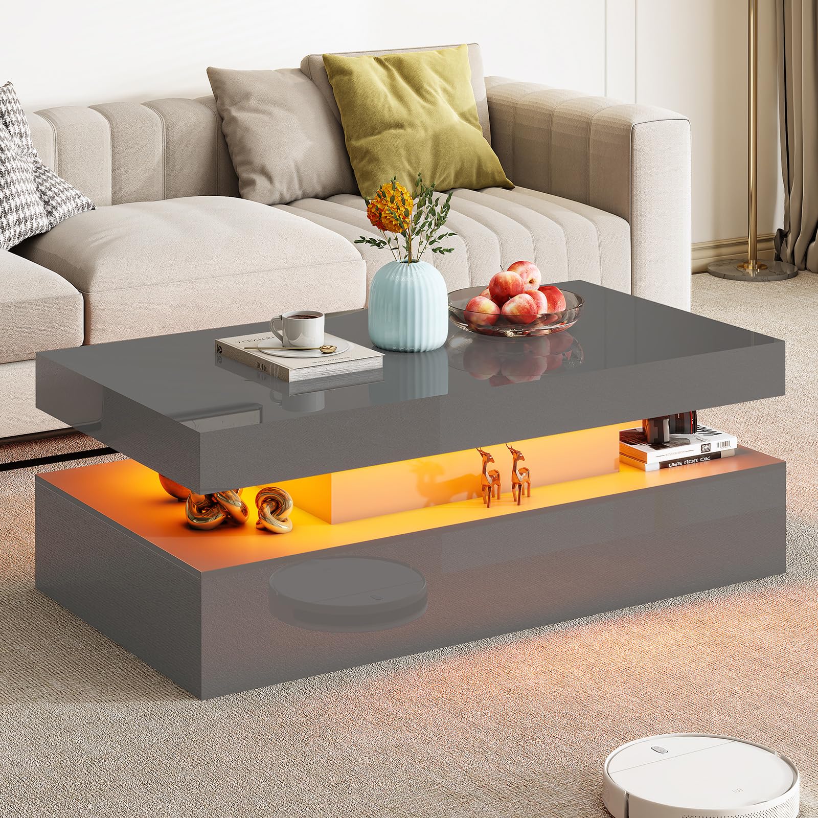 AMERLIFE High Gloss 2-Tier LED Coffee Table, 40" Modern Center Table with LED Lights, Open Storage Space, Minimalism Rectangular Sofa Side Table for Living Room, Gray