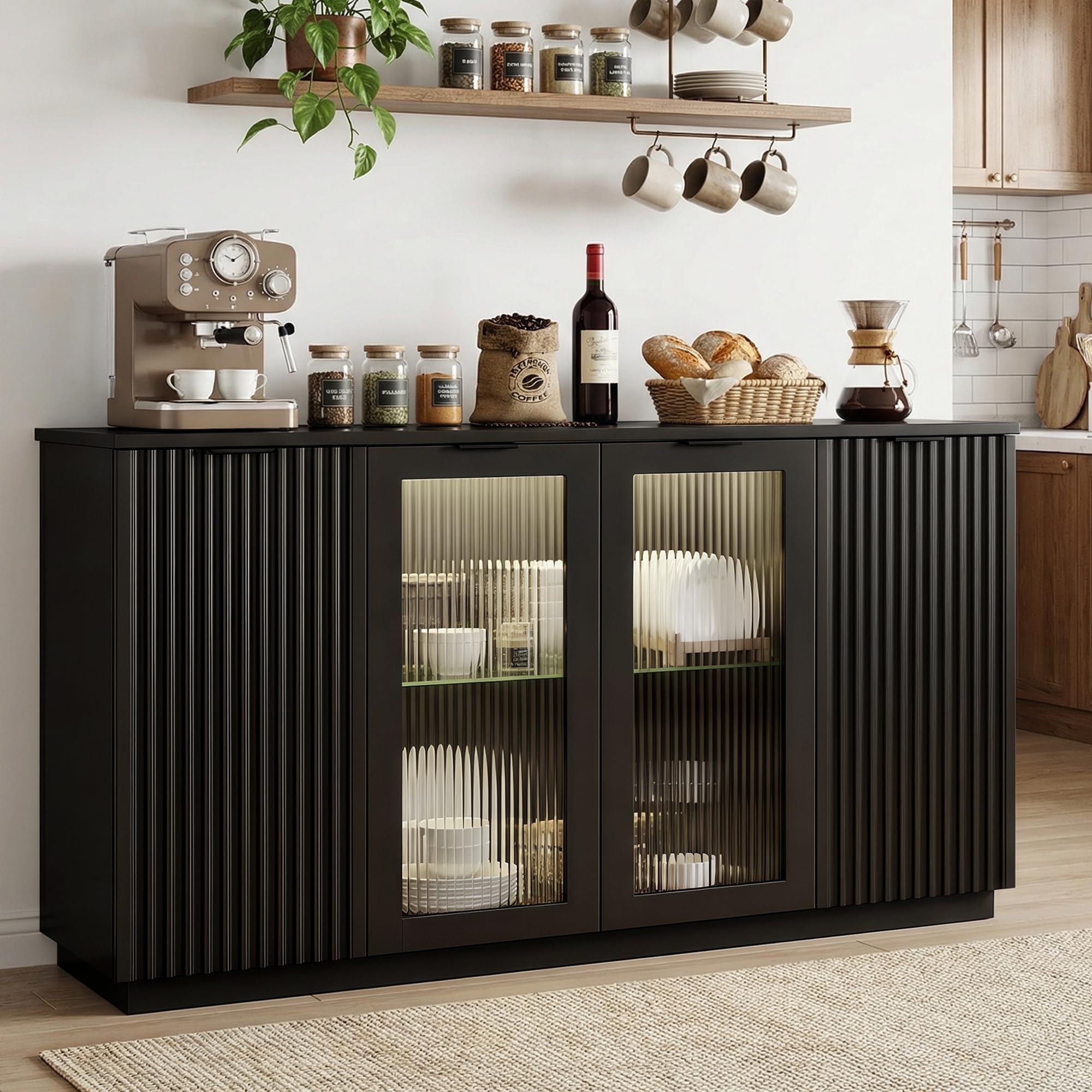 Einhomn 55" Sideboard Fluted Buffet Cabinet with Storage, Glass Doors & Led Lights, Coffee Bar Station with Adjustable Shelves, Modern Wood Cabinet for Kitchen, Living Room, Black