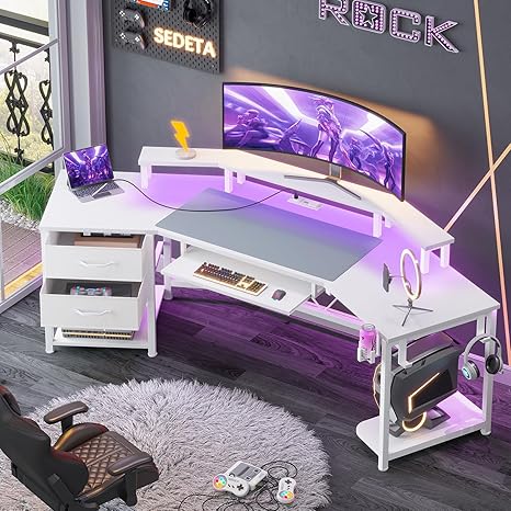 Wing-Shaped Gaming Desk with Drawers, LED Strip & Monitor Shelf