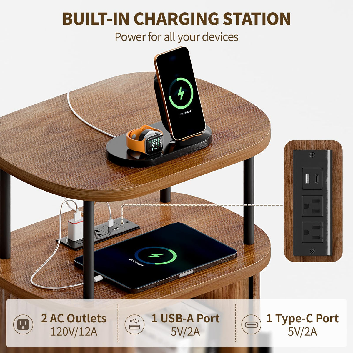 Fluted Nightstands Set of 2, Walnut Bedside Tables with Charging Station