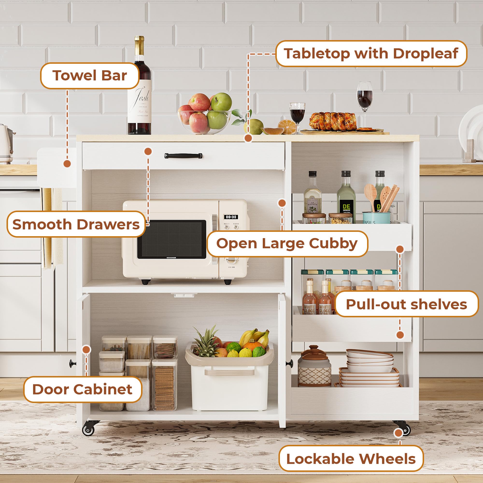 LIKIMIO Kitchen Island with Drop Leaf, Rolling Kitchen Island Cart on Wheels with Storage, Microwave Cart with Pull Out Open Shelves and Drawer, Mobile Kitchen Storage Islands, White