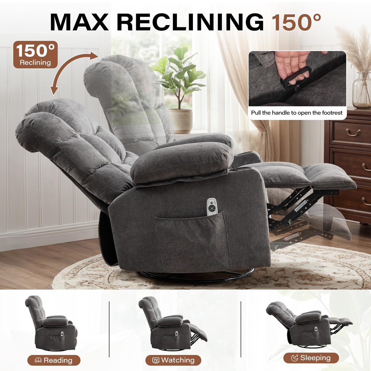 Oversized Swivel Rocker Recliner Chair with Massage and Heat for Adults