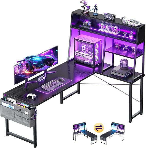 L-Shaped Gaming Desk with LED Lights & Display Shelves