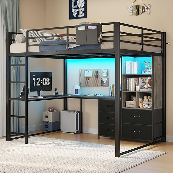 Full Size Loft Bed with L-Desk & Bookshelf