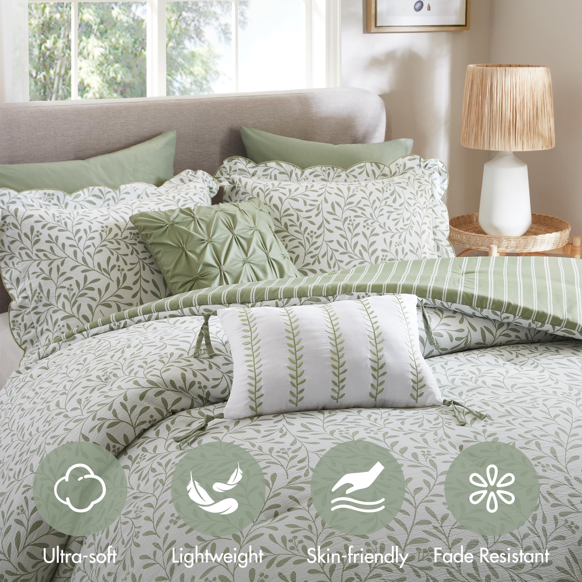 Madison Park 5-Piece Reversible Botanical Comforter Set - Summer Floral Print with Scalloped Edges, Lightweight Bedding with Decorative Pillows, Queen, Market Green