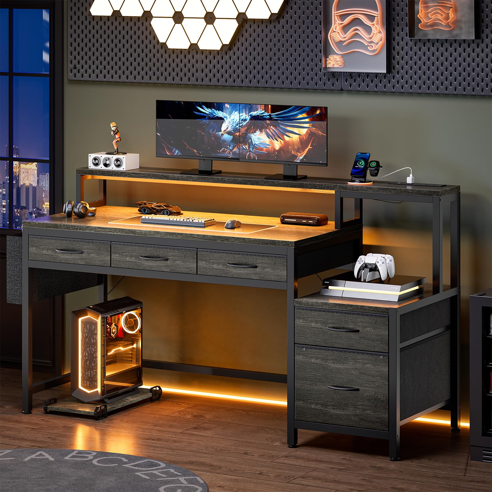 61-Inch Gaming & Computer Desk with Charging Station, LED Lights & Storage