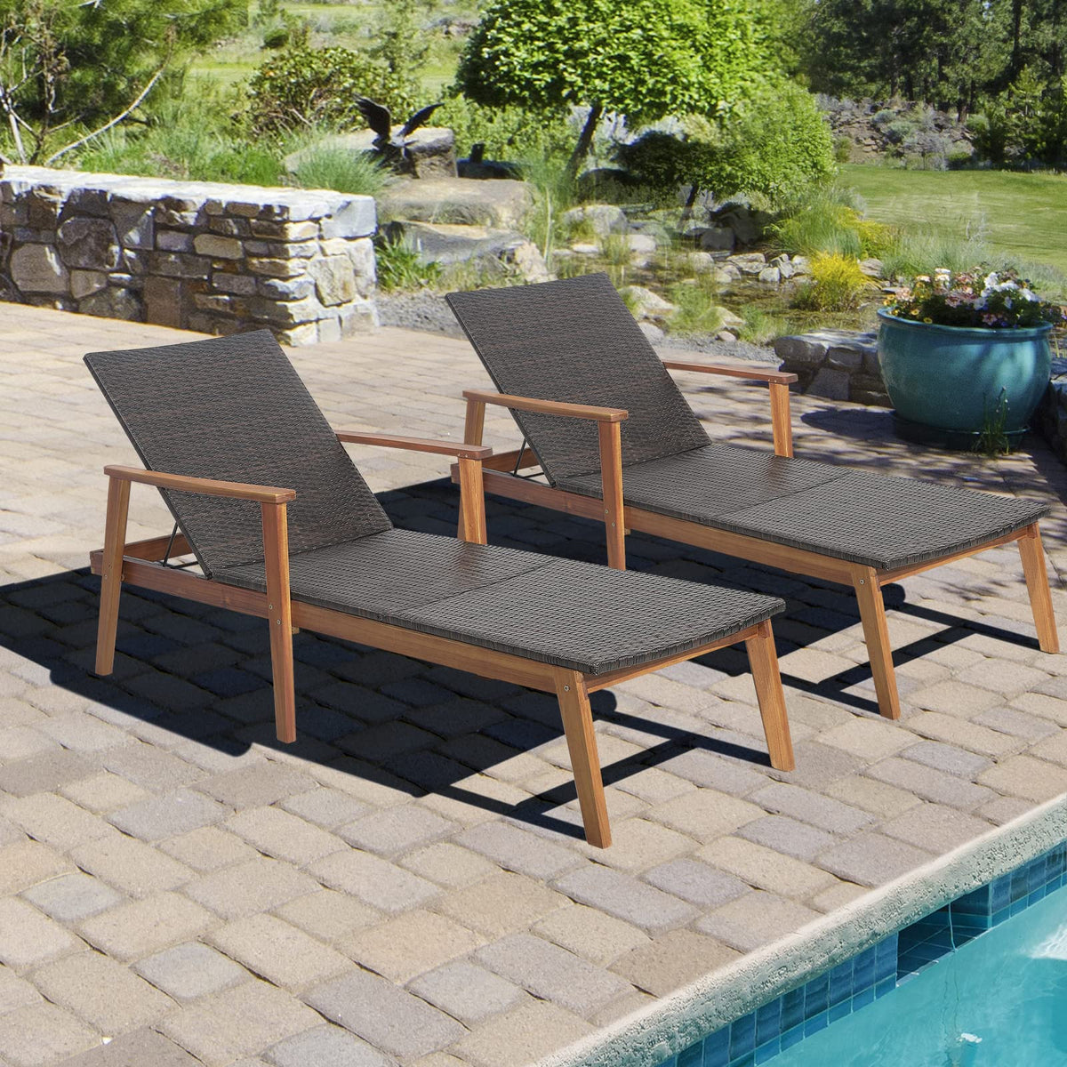 Tangkula Patio Lounge Chair, 4-Position Adjustable Recliner with Fully Flat Position, Outdoor PE Wicker Chaise Lounge with Acacia Wood Frame for Backyard, 800 LBS Max Load (Mix Brown, 2 Pack)
