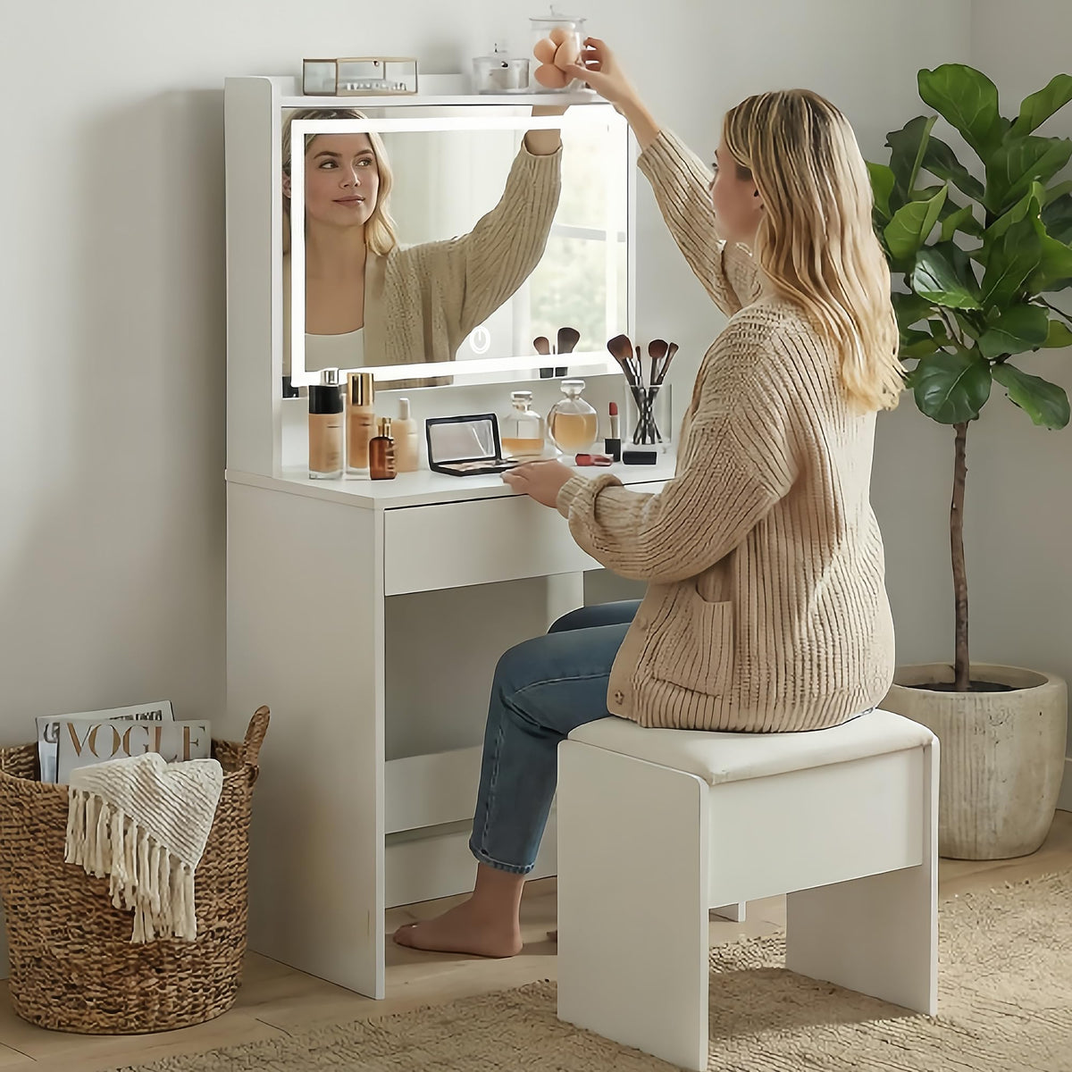 RIHHA Small Vanity Desk with Lighted Mirror & Charging Station, 24" White Makeup Vanity Table Set with Top Shelf & Hidden Storage, Compact Mini Dressing Desk with Stool for Bedroom, Girls, Teens