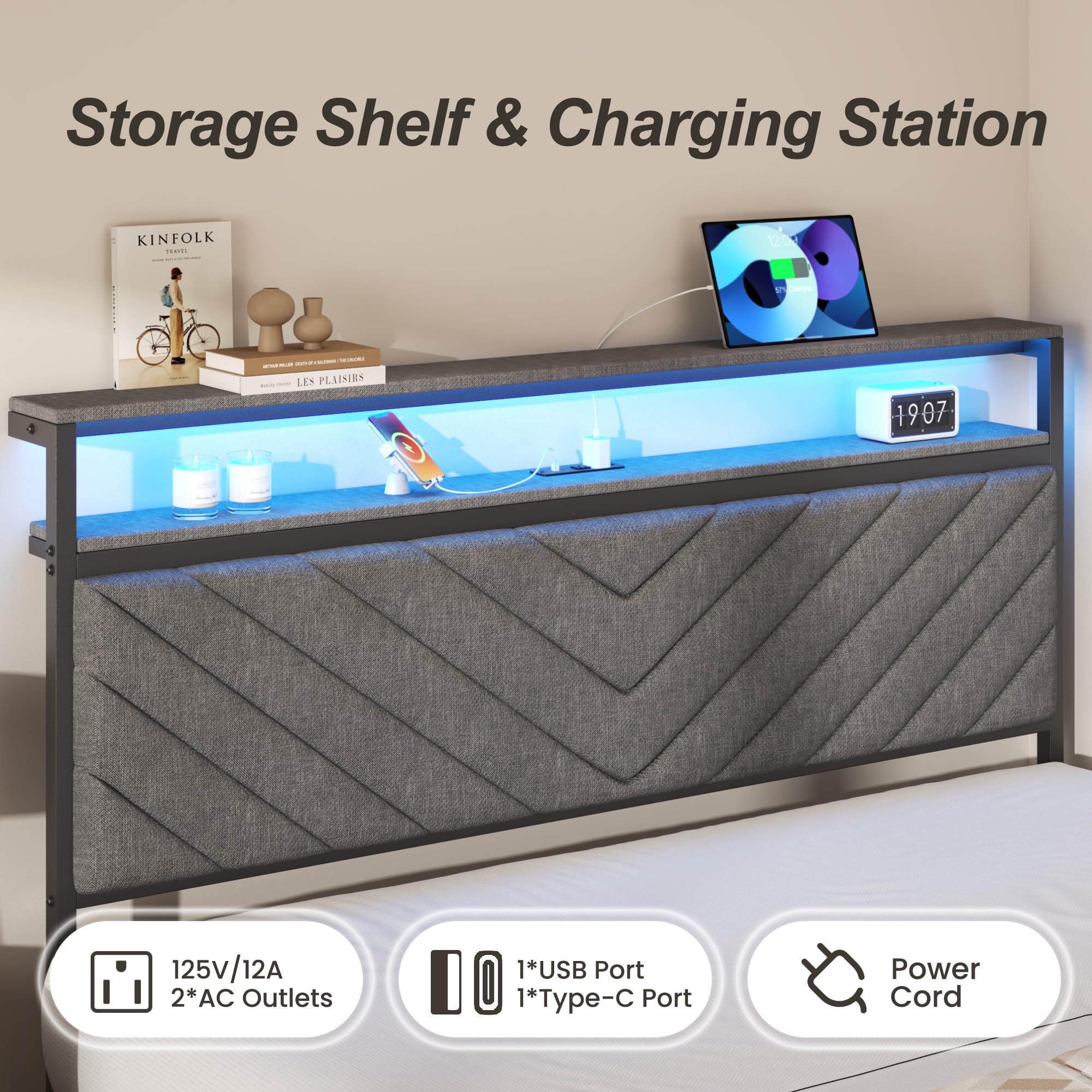 HISOFT Queen Bed Frame with Charging Station, LED Lights & 2 Storage Drawers, Grey Platform Bed with Upholstered Headboard, Under-Bed Storage, No Box Spring Needed, Easy Assembly, Strong Support