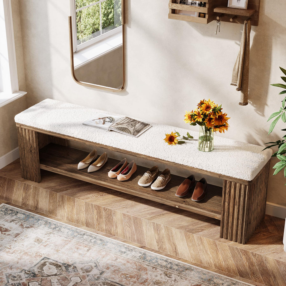 TRIBEWOOD 63" Solid Wood Entryway Bench, Farmhouse Upholstered End of Bed Bench with Removable Faux Lambswool Cushion and Fluted Legs, Indoor Long Ottoman for Bedroom, Entryway, Dark Brown