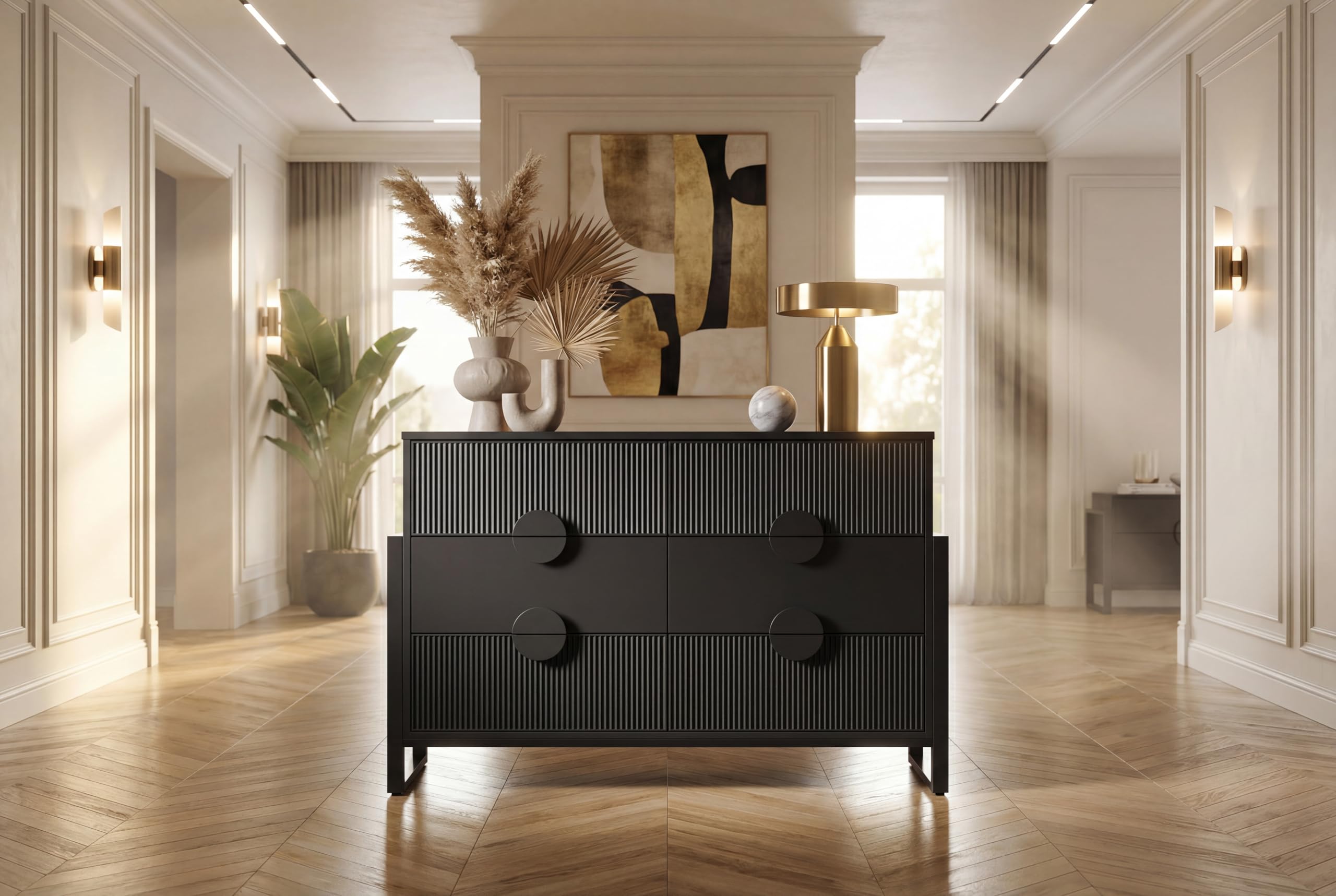 6-Drawer Fluted Dresser with Steel Frame