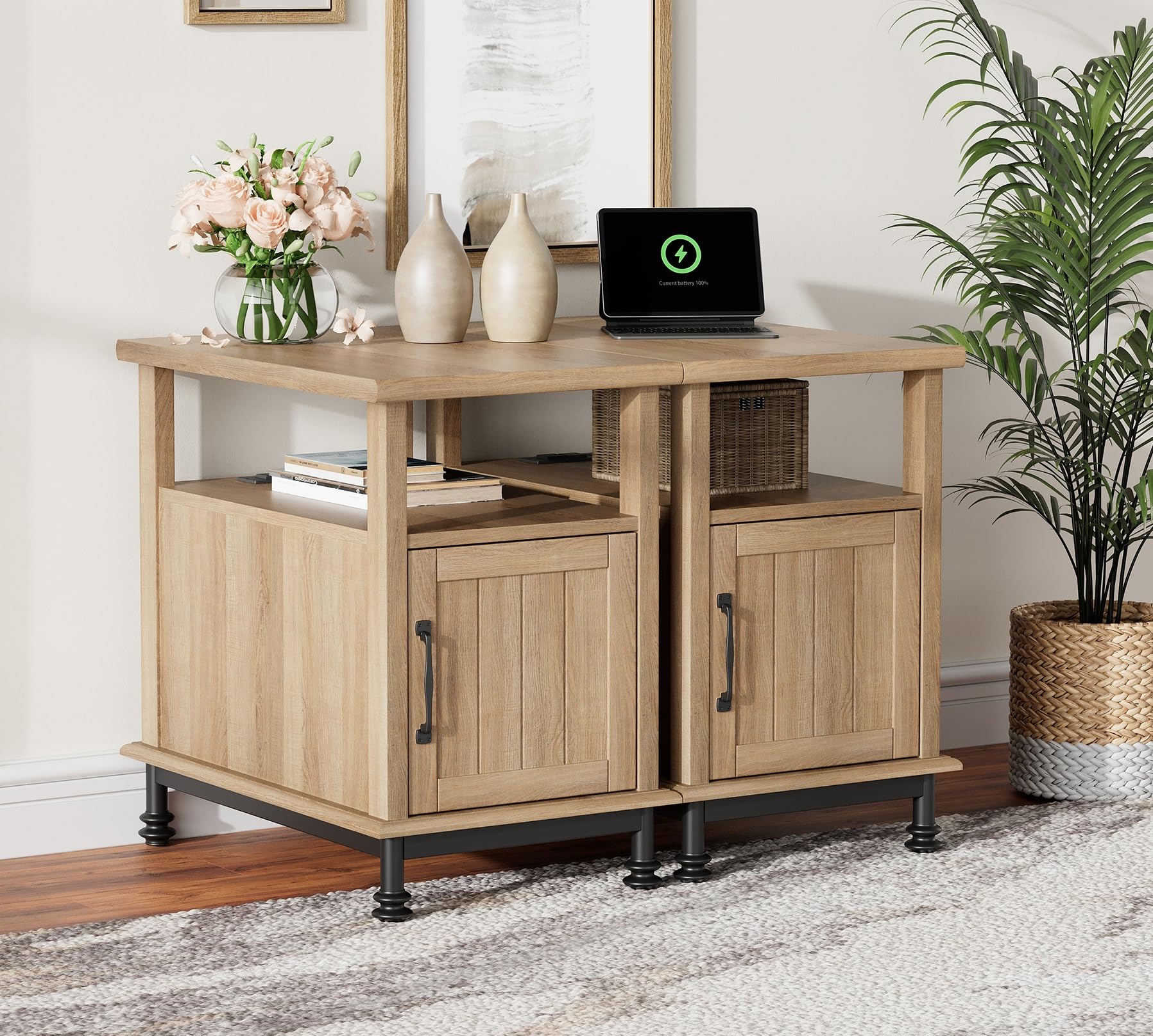 WAMPAT Set of 2 End Tables with Charging Station, Sofa Side Tables with Storage Cabinet for Living Room, Light Wood Bedside Table with Metal Leg, Nightstand for Bedroom, Oak