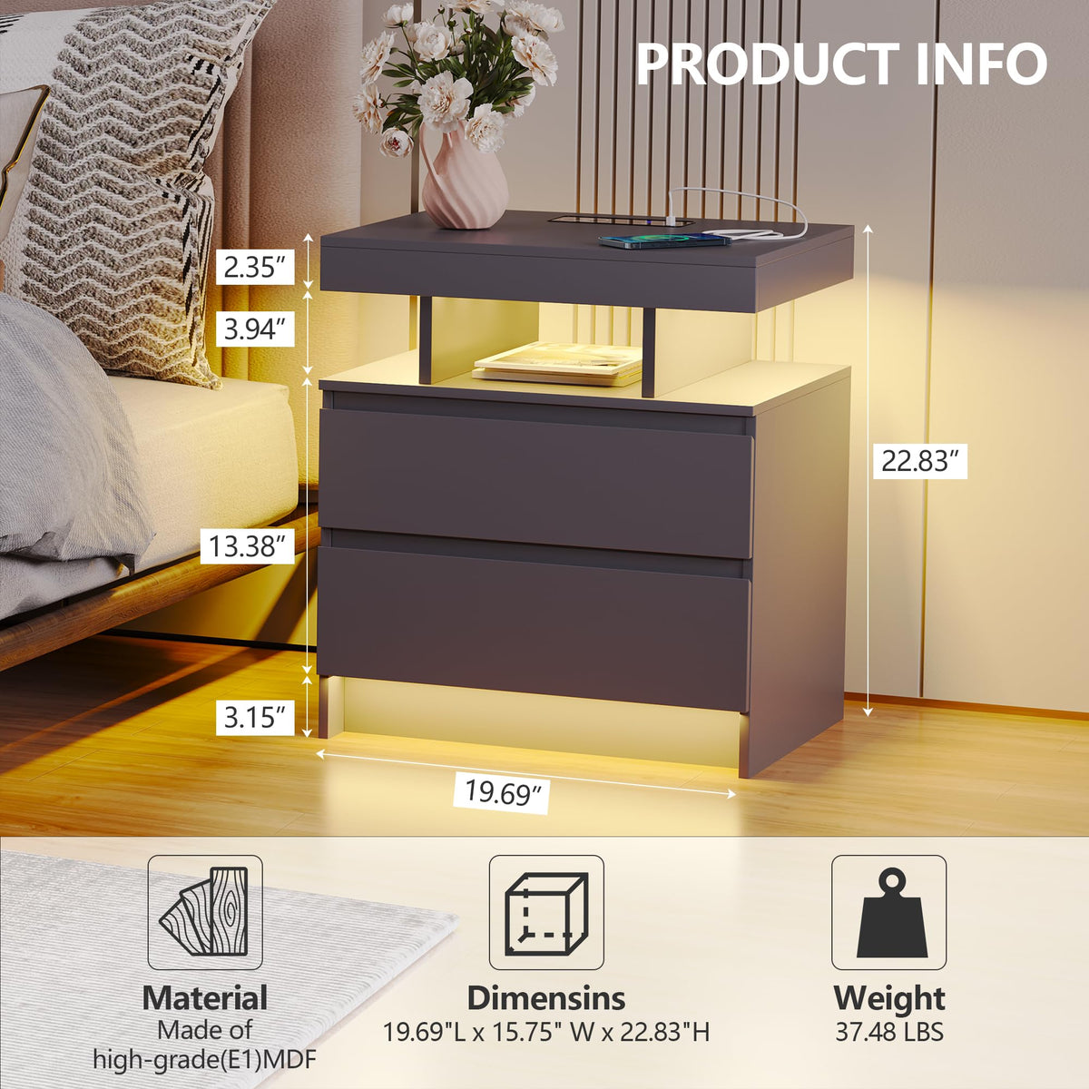 LED Nightstand with Charging Station