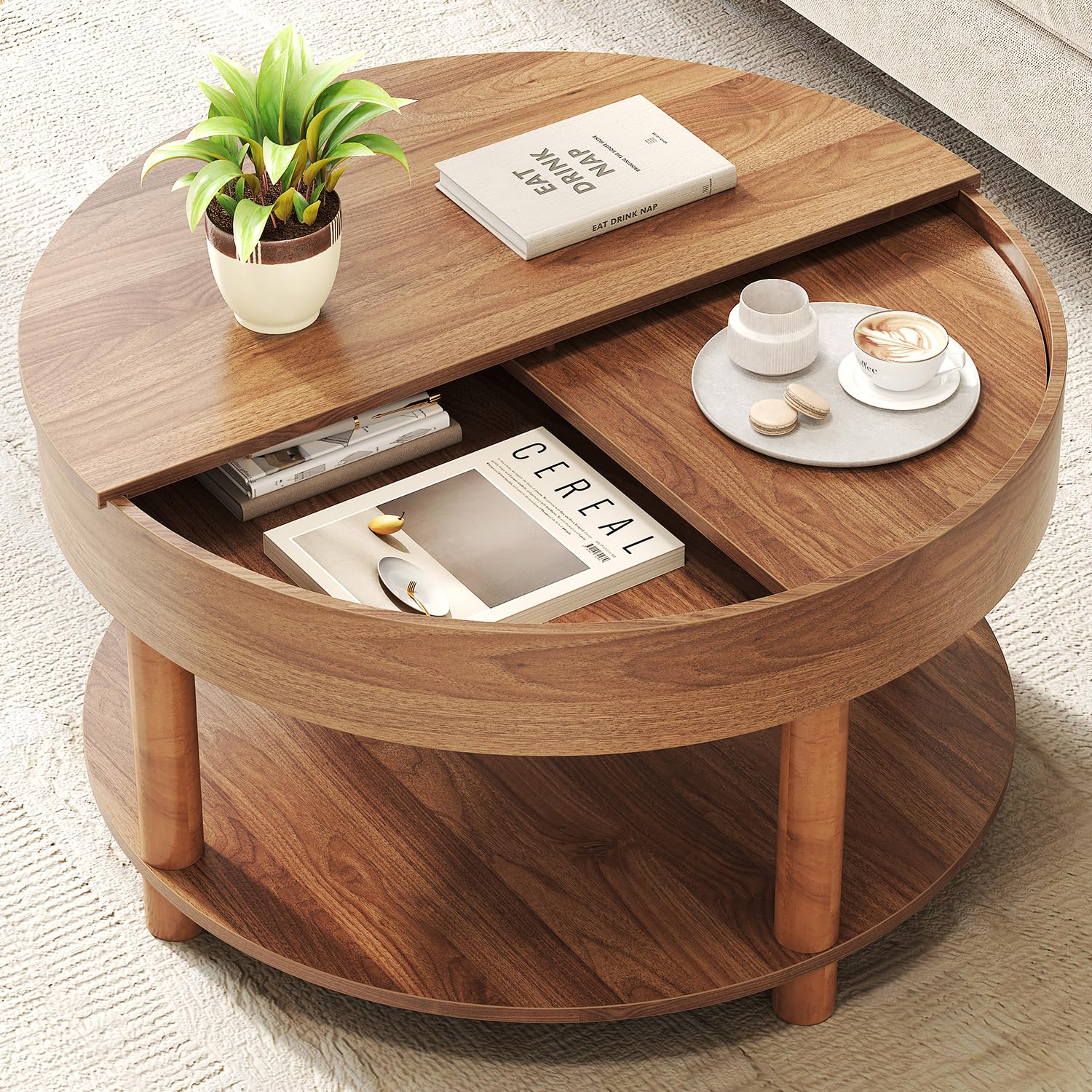 HSH Round Coffee Table, Modern Living Room Table with 2-Tier Storage, 360°Rotating Desktop, Removable Tray, Wood Circle Center Cocktail Table for Living Room, Bedroom, Office, Walnut, 30.63 Inch