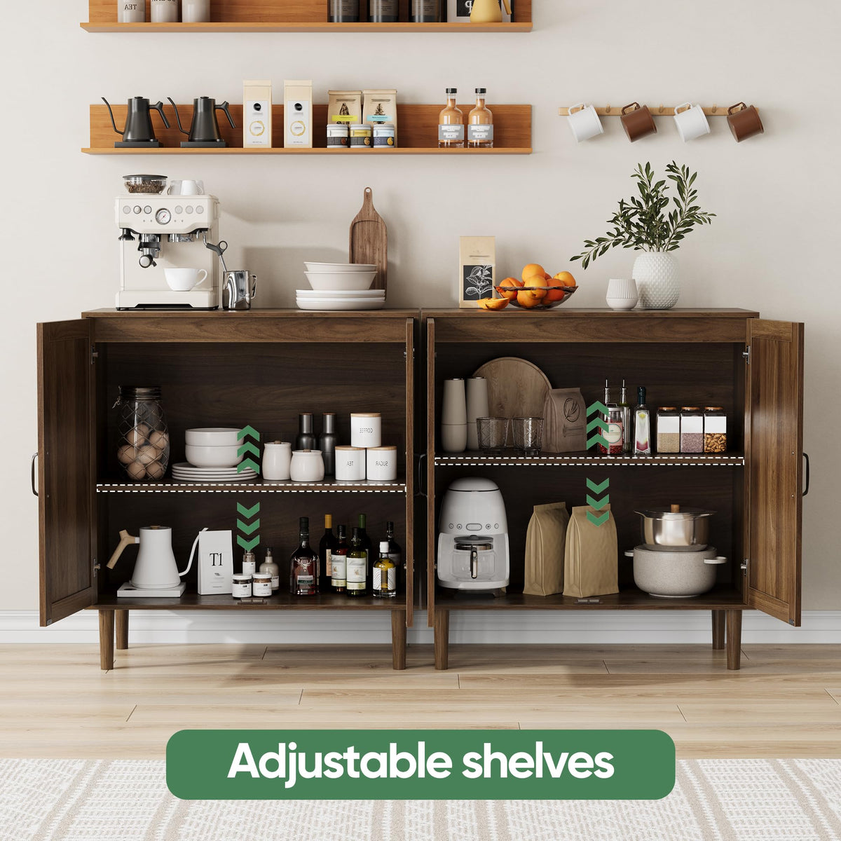 Algherohein Sideboard Cabinet with Adjustable Shelf, Freestanding Small Buffet with Storage, Wooden Console Cabinet with Gradien Fluted Doors for Living Room, Entryway, Console 31.5 in (Walnut)