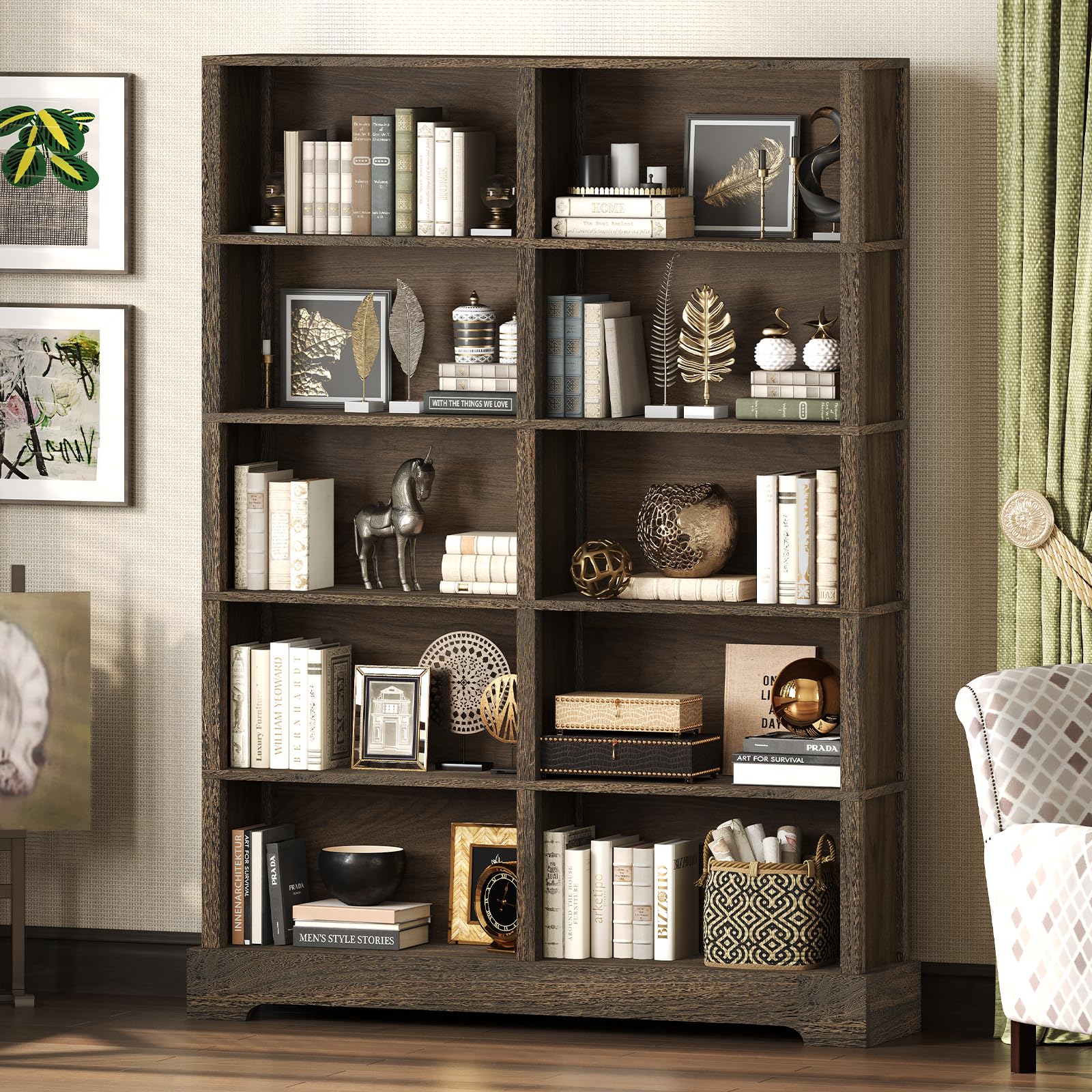 TVU 5-Tier Wood Book Shelf, 47" Wide Large Bookcase and Bookshelf, 64" Tall Bookcase with Storage, Freestanding Wood Display Book Shelves for Living Room, Home Office, Walnut