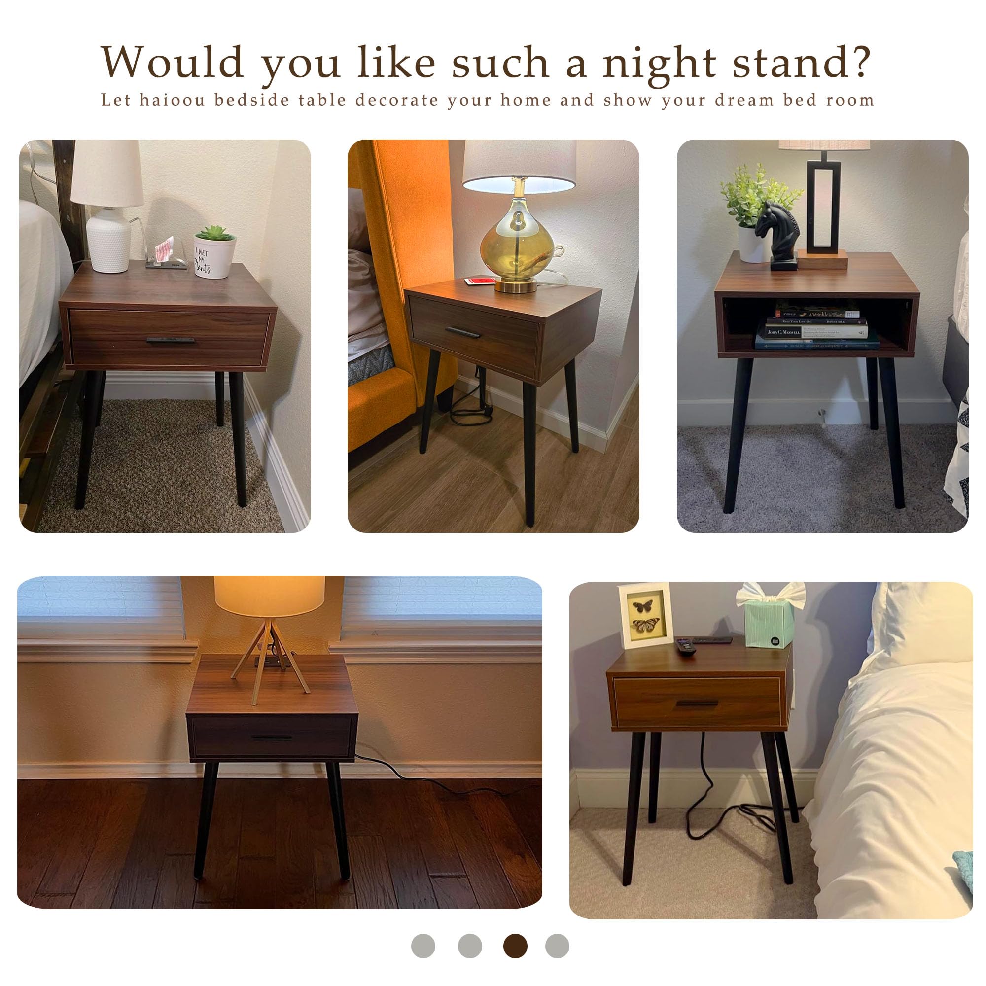 Nightstand Set of 2 with Charging Station & Storage Drawer