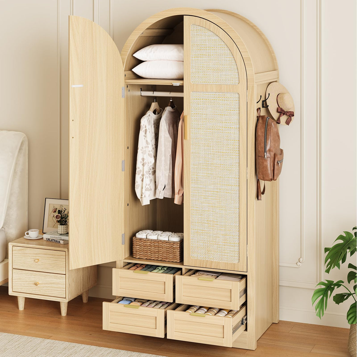 Arched Rattan Wardrobe with Drawers