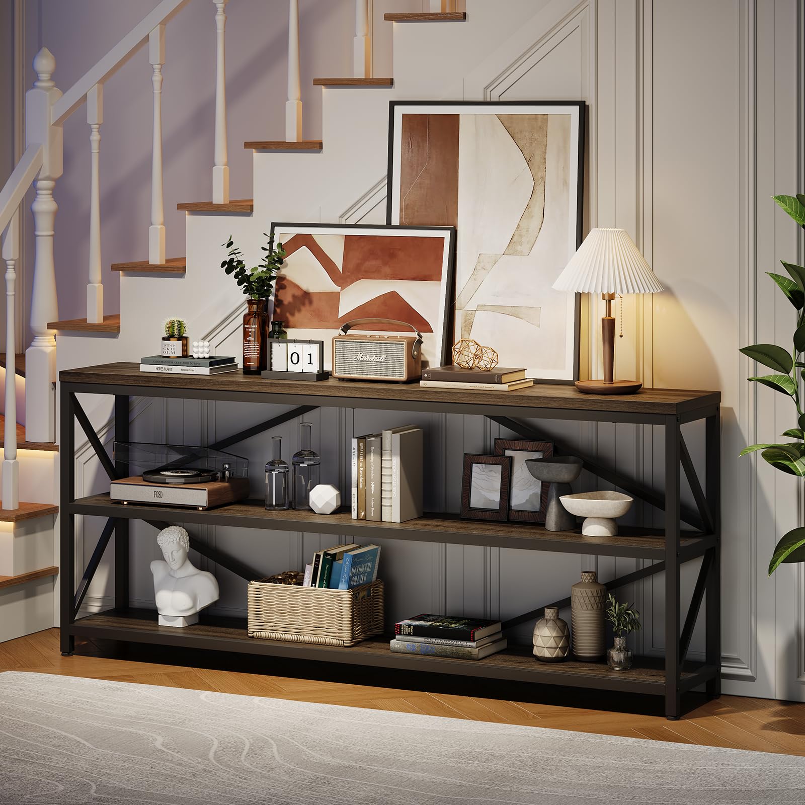 ONBRILL Industrial Console Sofa Table,70.8 Inch Extra Long Entryway Table with 3 Tier Wood Storage Shelf for Living Room, Hallway, Entrance, Narrow Sofa Table with Metal Frame, Black and Brown