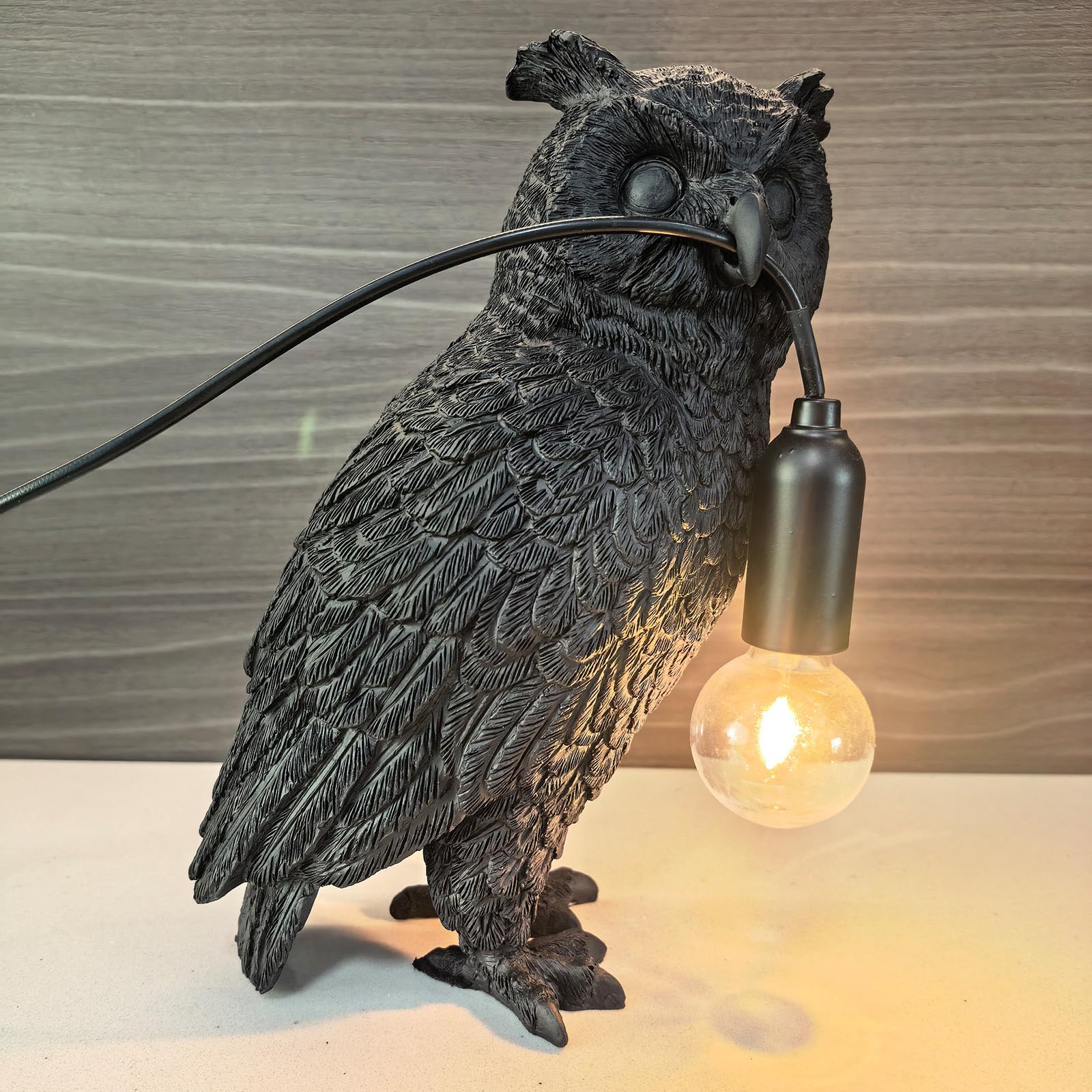 RUIQBMAY Resin Owl Table Lamp Themed Animal Desk Lamp Art Bird Night Light Lamp for Bedside,Living Room,Office Decor,AC 110V (Black Owl Lamp)