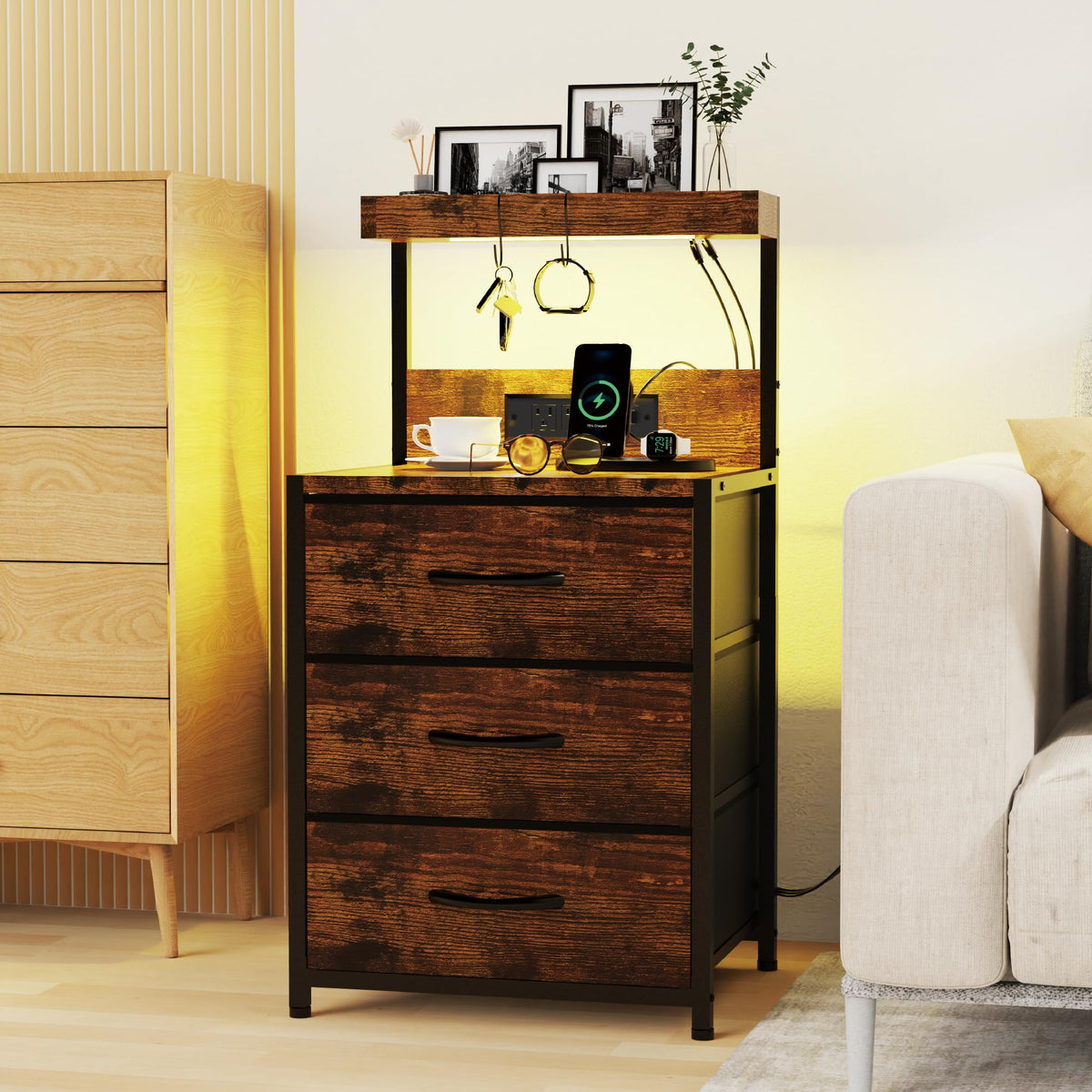 SZLHANJZ Nightstands Set of 2, LED Light and Charging Station, 3 Drawers