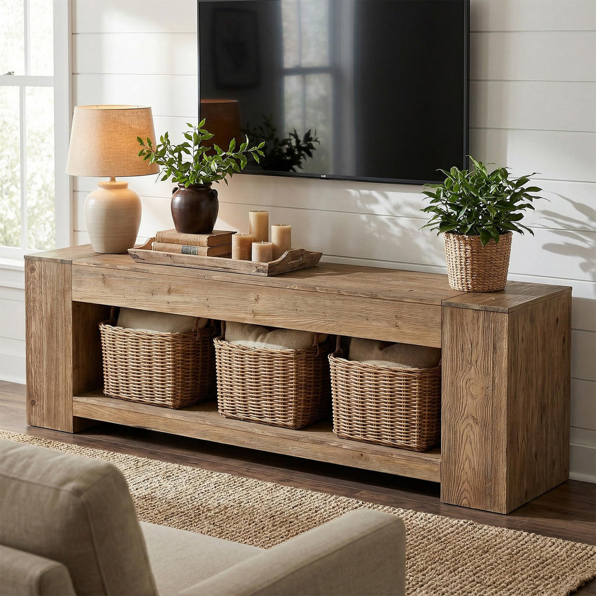 Tribesigns 63" Solid Wood TV Stand for TVs up to 75", Farmhouse TV Console