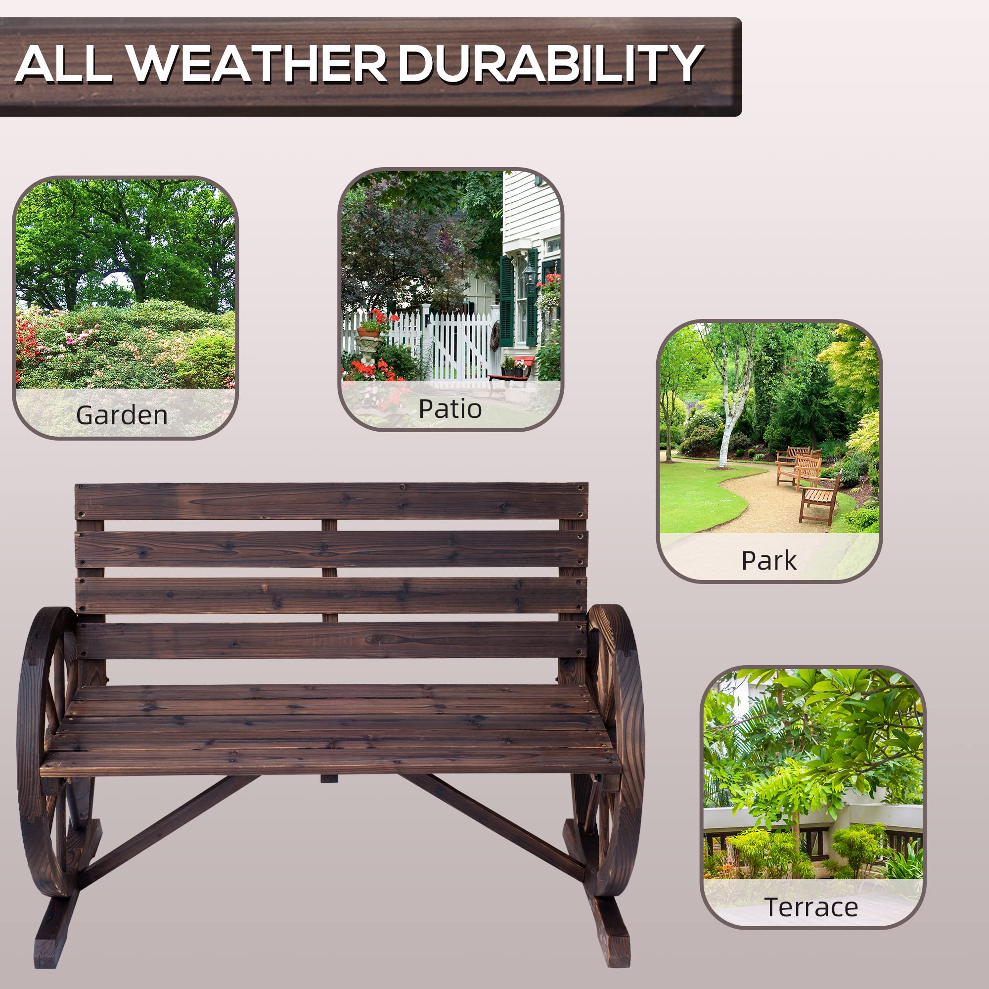 41-Inch Rustic Wagon Wheel Wood Outdoor Bench