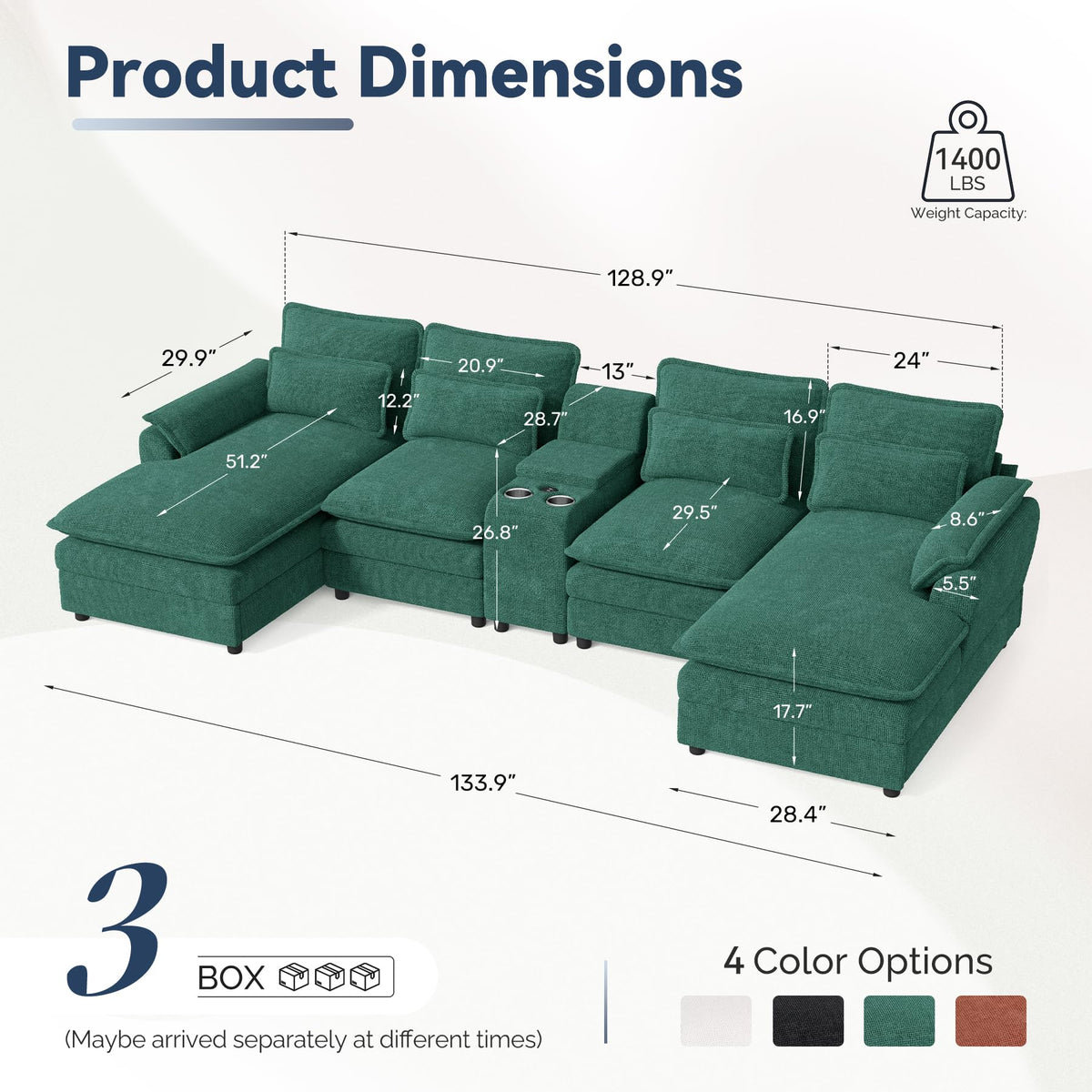 134" U Shaped Modular Sectional Sofa, Oversized Cloud Couch with Double Chaise Lounge, Storage Console, Cup Holders & USB Port, Comfy Chenille Deep Seat Couch Set for Living Room, Green