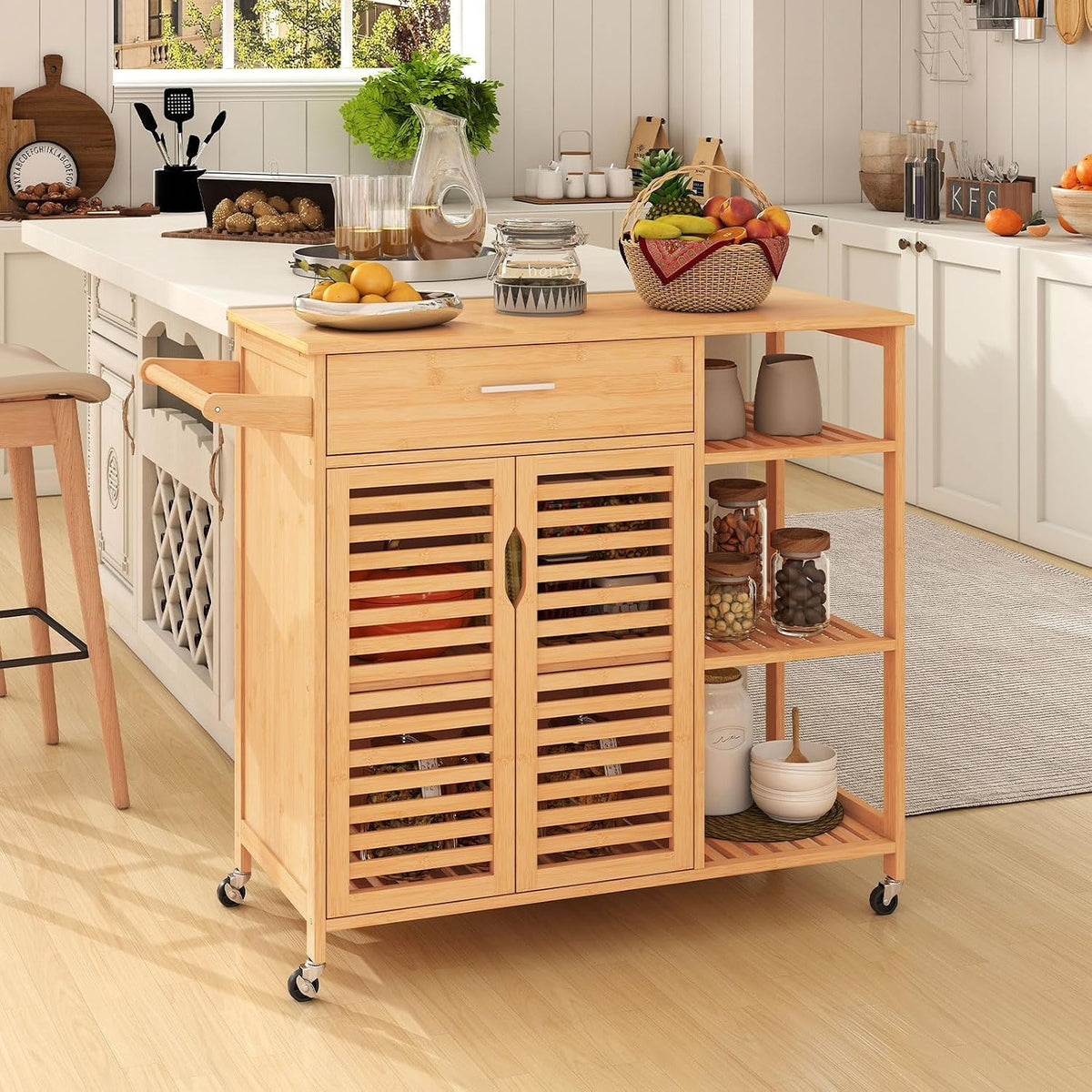 GLACER Bamboo Kitchen Island Cart with Storage, Rolling Kitchen Cart