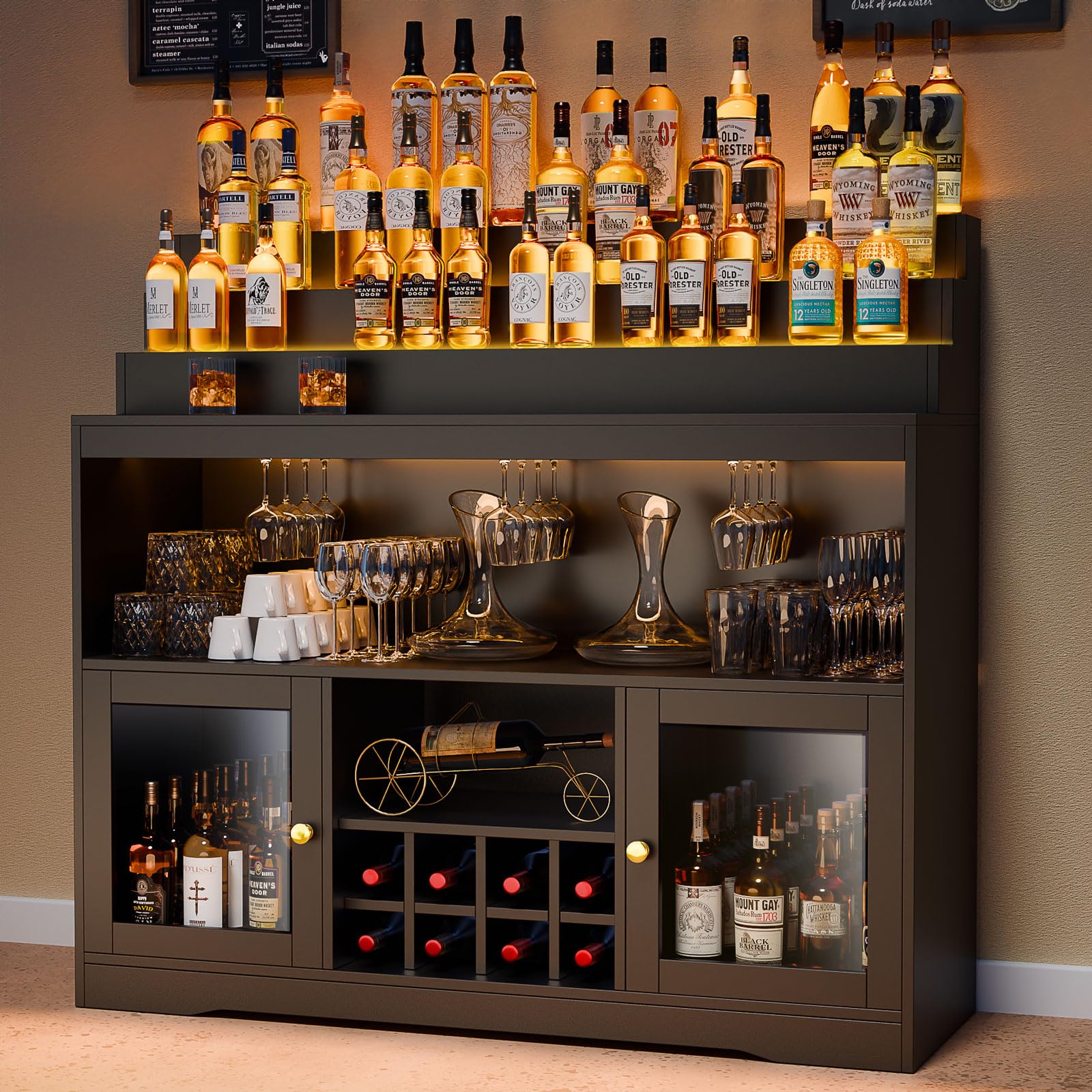 Loomie Wine Bar Cabinet with LED Lighted Liquor Bottle Display Shelf, Liquor Cabinet with Glass Holder, Coffee Bar for Liquor, Storage Buffet with Wine Racks, Wine Cabinet with Door (Black)