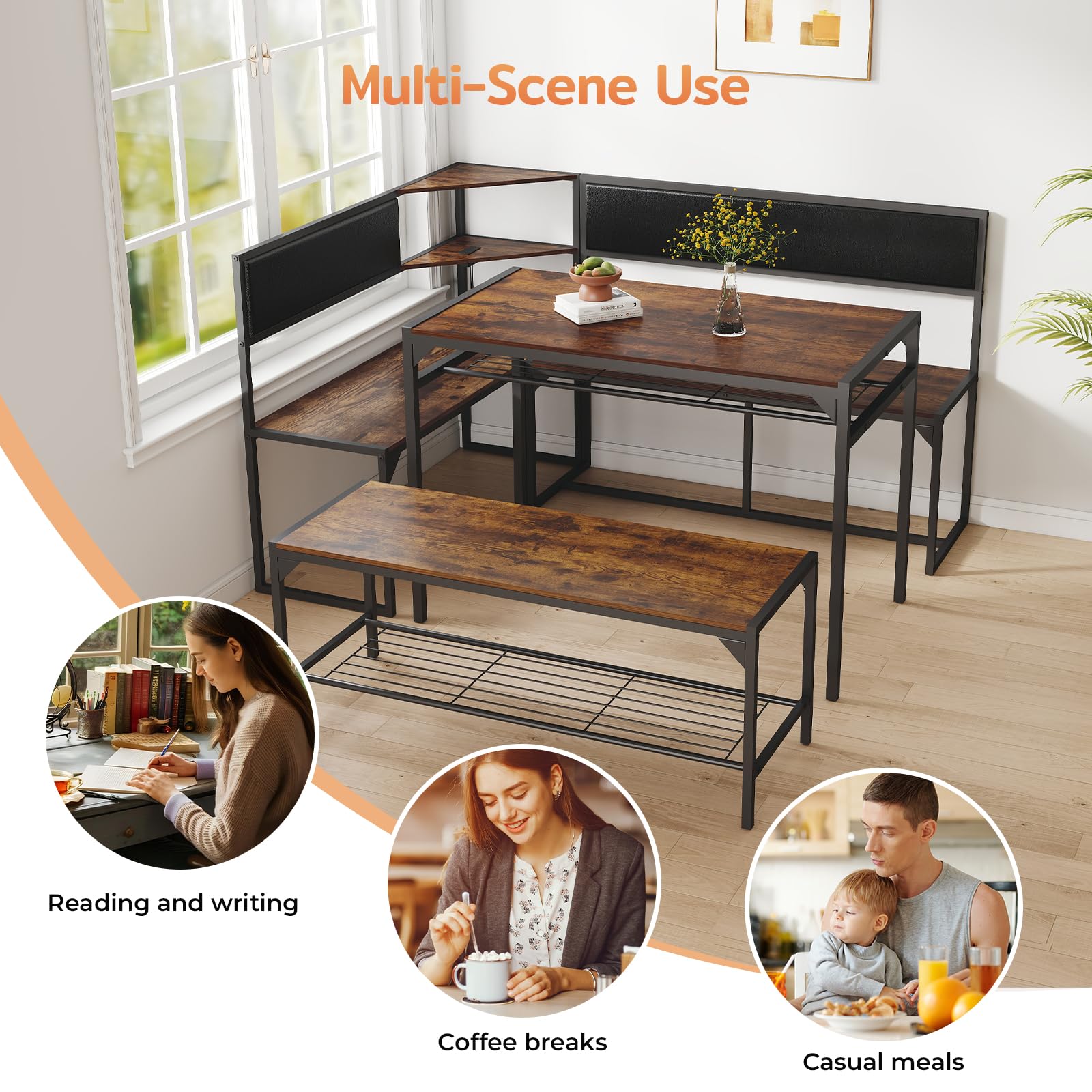 Zevemomo Kitchen Breakfast Nook Table Set for 4-6, Corner Dining Table Set with Charging Port, L-Shaped Corner Kitchen Table with Storage & Bench, Farmhouse Dining Table Set for Small Space, Brown
