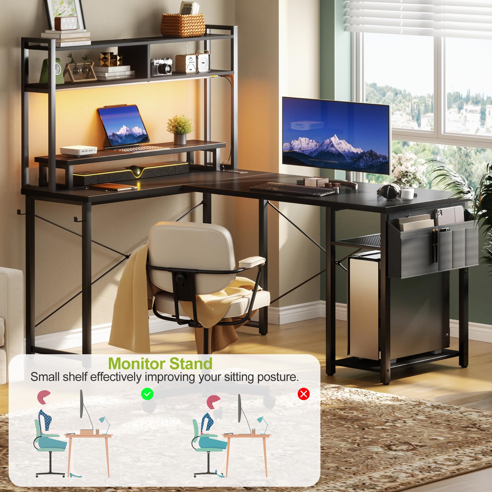 Besiost Small L Shaped Desk Gaming Desk with Power Outlets, 48" Reversible L Shaped Computer Desk with Monitor Stand & Storage Shelf, Corner Gamer Desk Home Office Desk with Storage Bag, Black