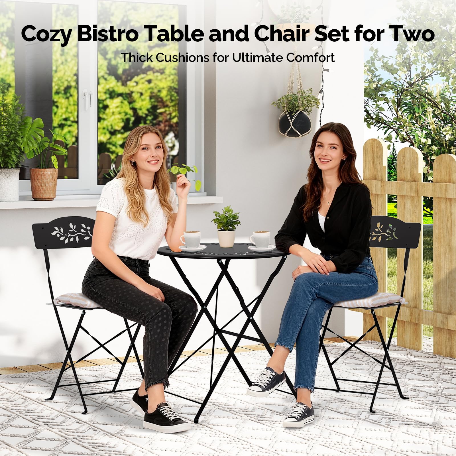Outdoor Folding Bistro Set with Cushions – 3 Piece