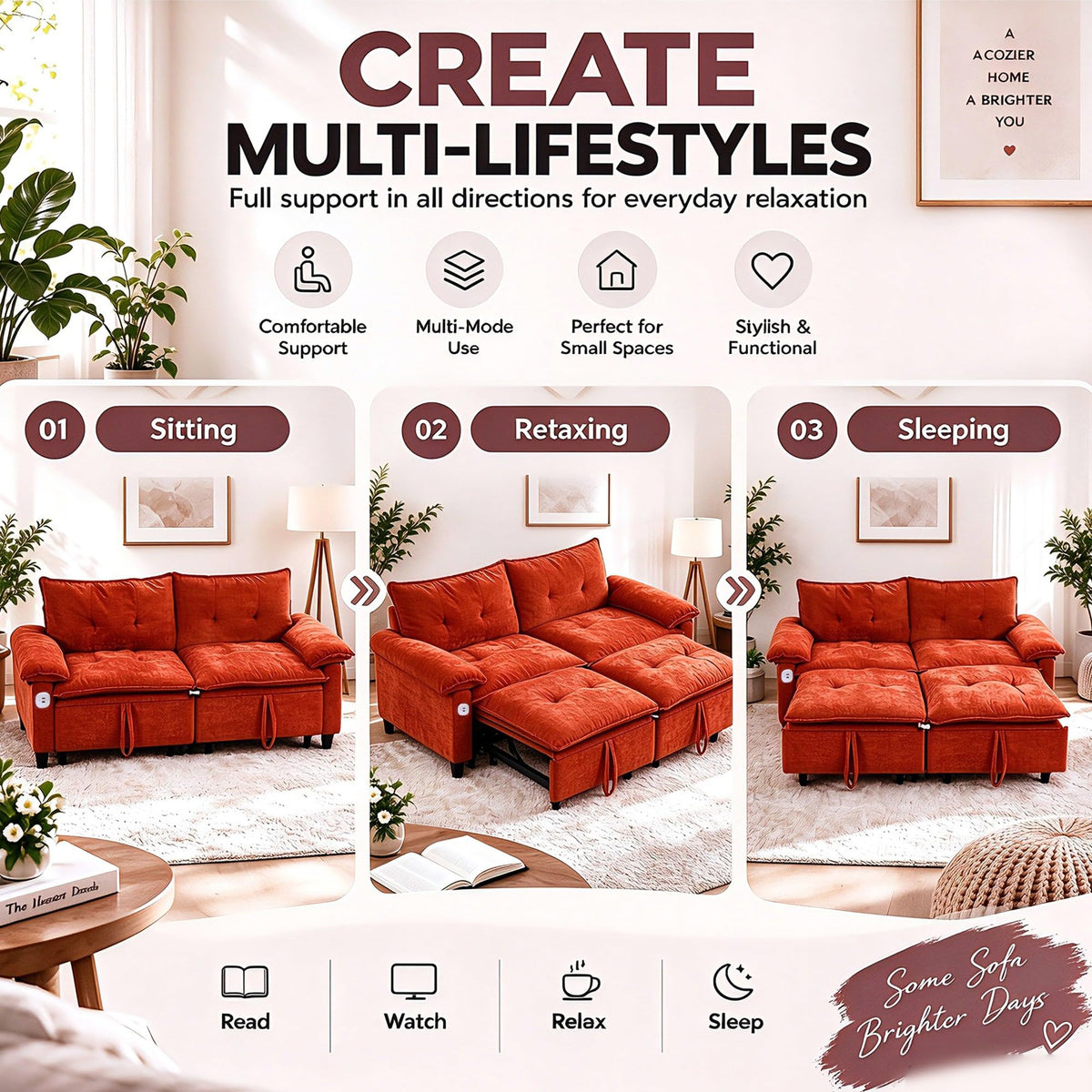 73 Inch Queen Sleeper Sofa Bed, 3 in 1 Convertible Pull Out Loveseat, Chenille Upholstered Sofa with USB Charging Ports & Side Storage Pockets, Modern Small Couch for Apartment, Living Room (Orange)