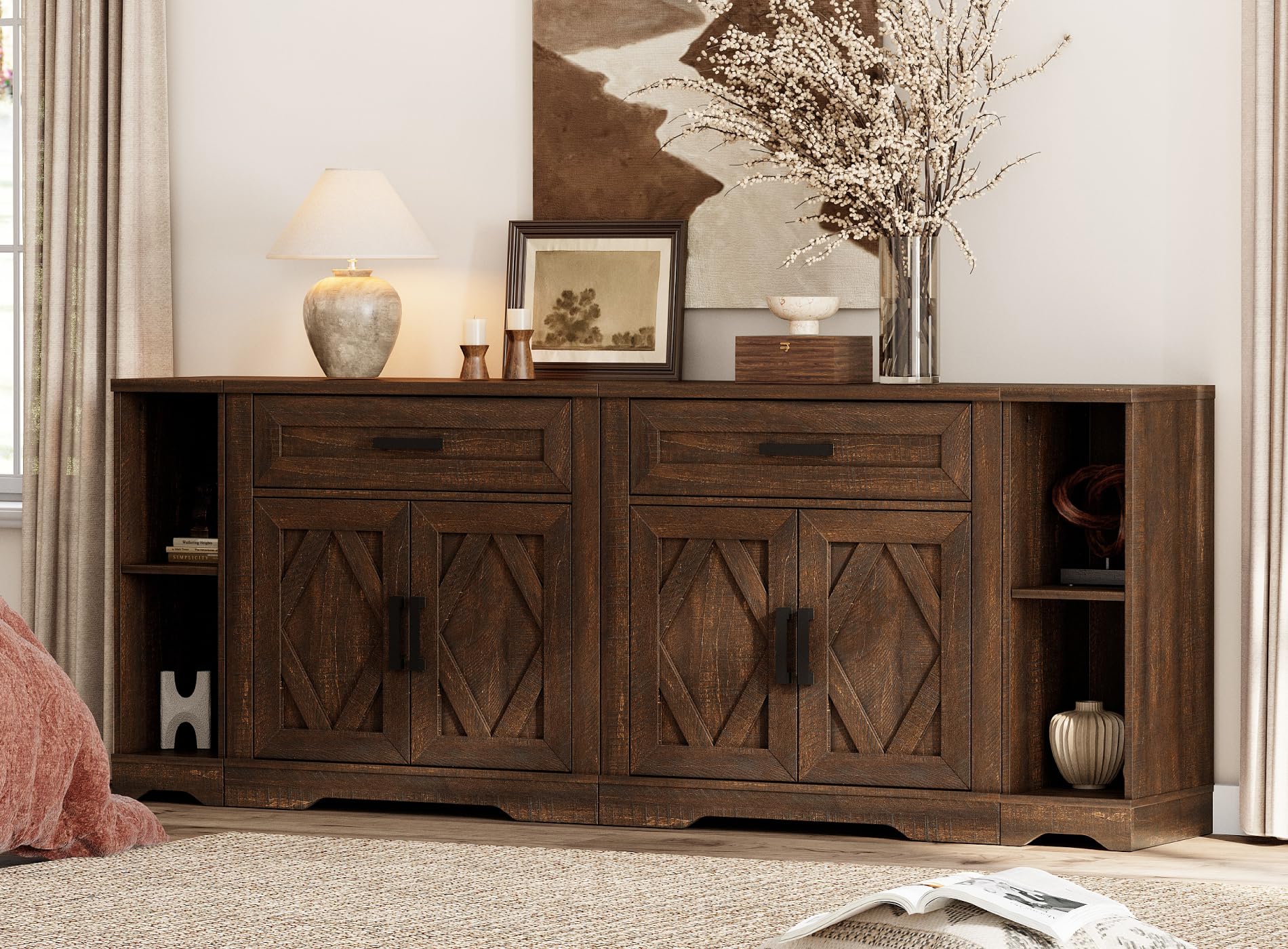 WAMPAT Modern Farmhouse Large Sideboard Cabinet Set with Barn Doors,Buffet Cabinet Table with Storage Shelves and Drawers for Kitchen,Dining Room,Coffee Bar,82.7" W x 15.4" D x 32" H,Dark Brown