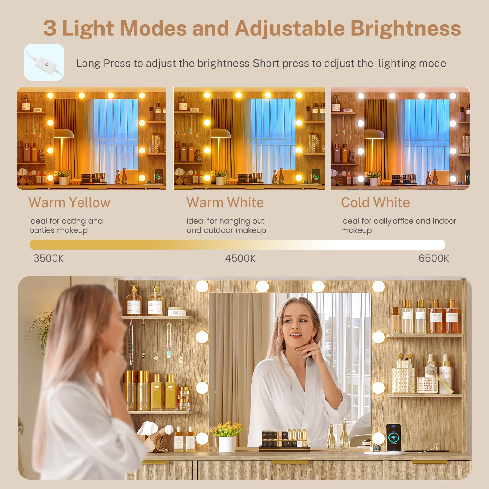 FIONESO Fluted Vanity Desk with Mirror and Adjustable LED Lights & Power Outlet, Makeup Vanity Desk with 7 Drawers,4 Shelves and 5 Hooks, Vanity for Girls, Natural Oak